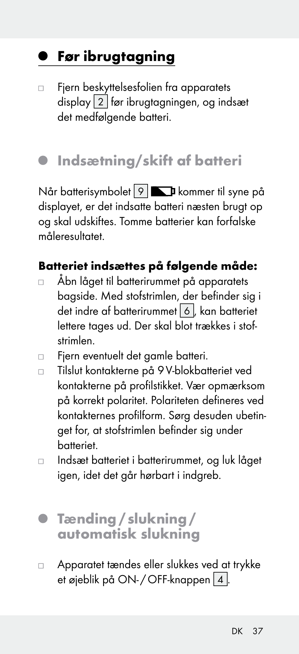 Før ibrugtagning, Indsætning/skift af batteri, Tænding / slukning / automatisk slukning | Powerfix Z31697B User Manual | Page 37 / 72