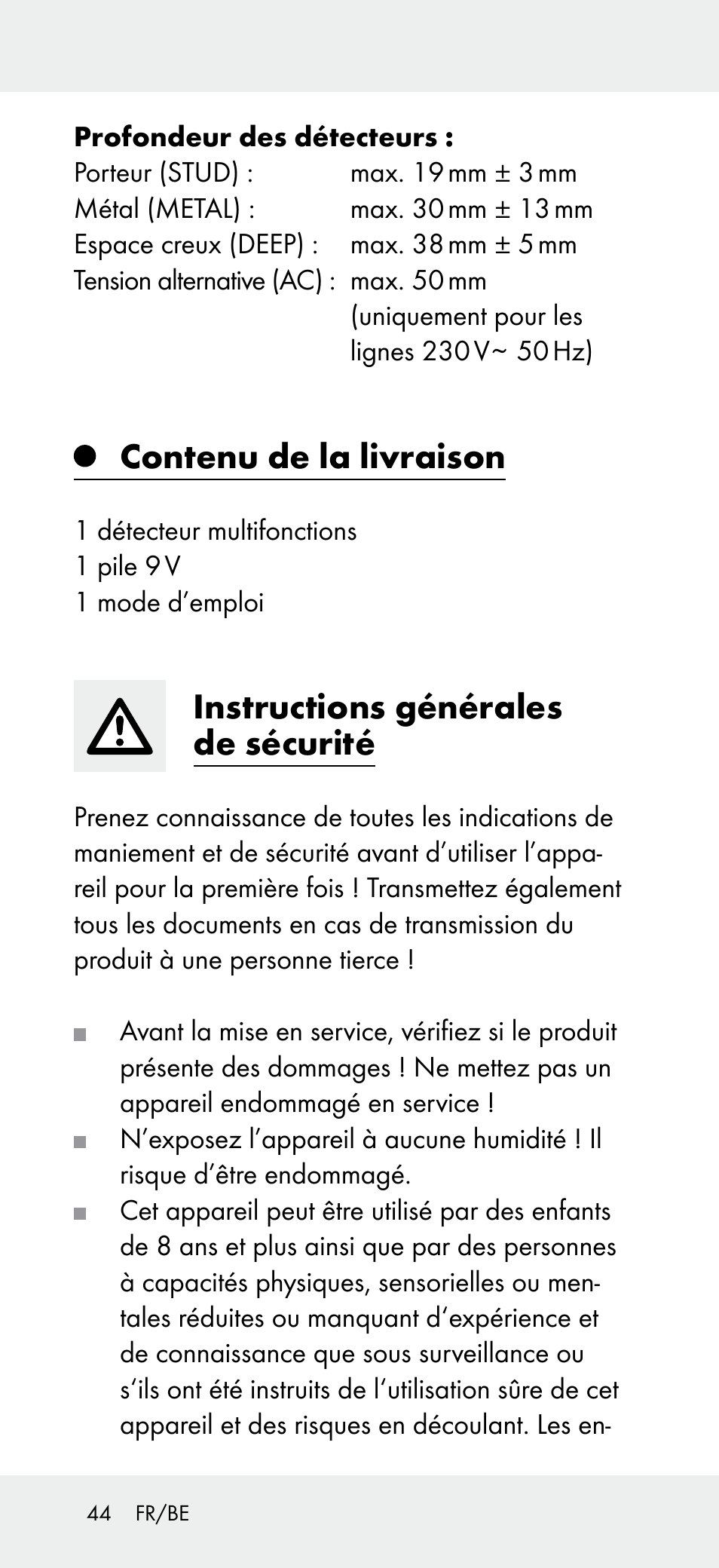 Contenu de la livraison, Instructions générales de sécurité | Powerfix Z31697B User Manual | Page 44 / 72