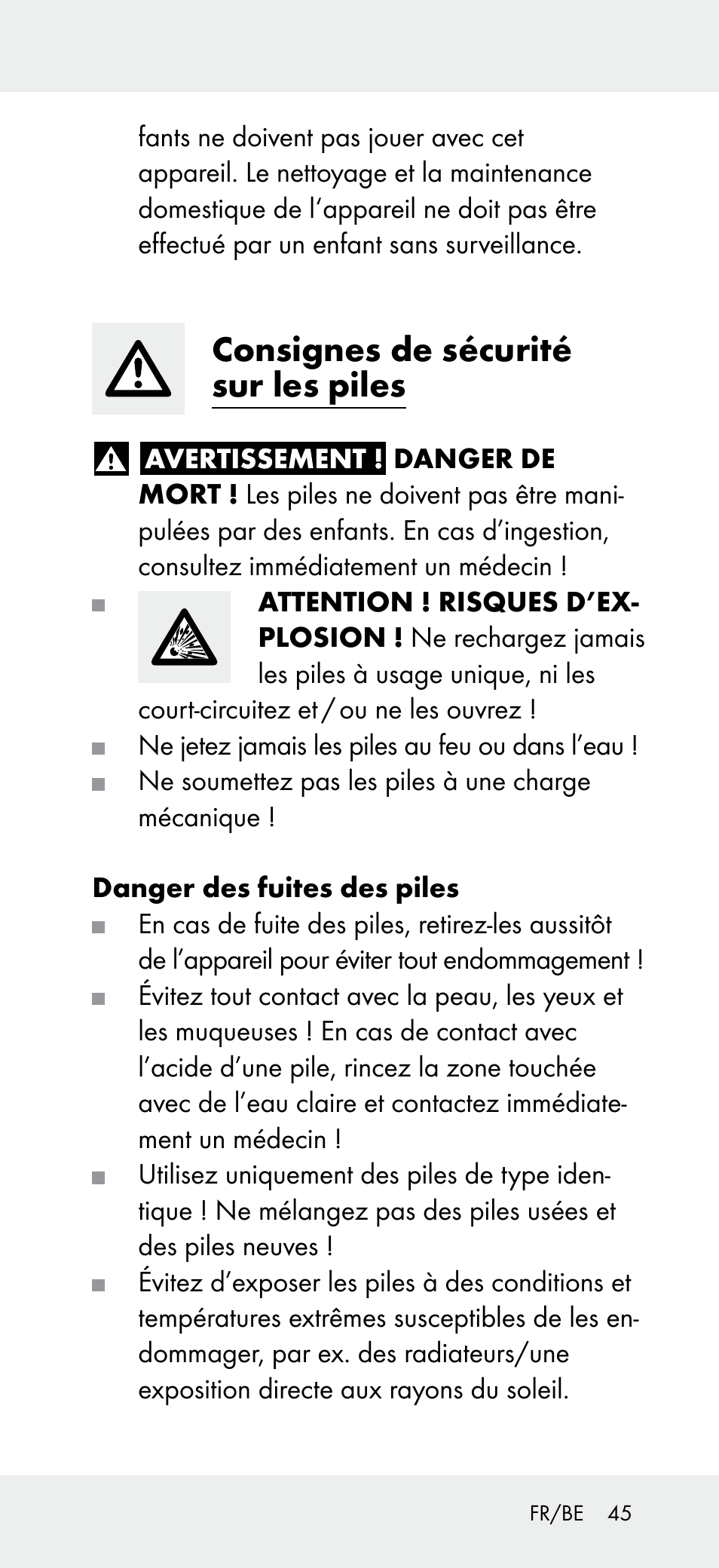 Consignes de sécurité sur les piles | Powerfix Z31697B User Manual | Page 45 / 72