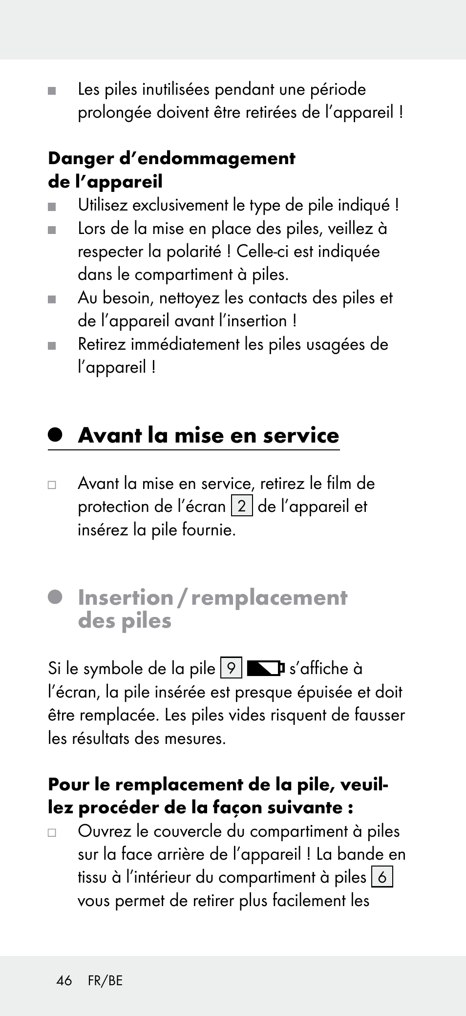 Avant la mise en service, Insertion / remplacement des piles | Powerfix Z31697B User Manual | Page 46 / 72