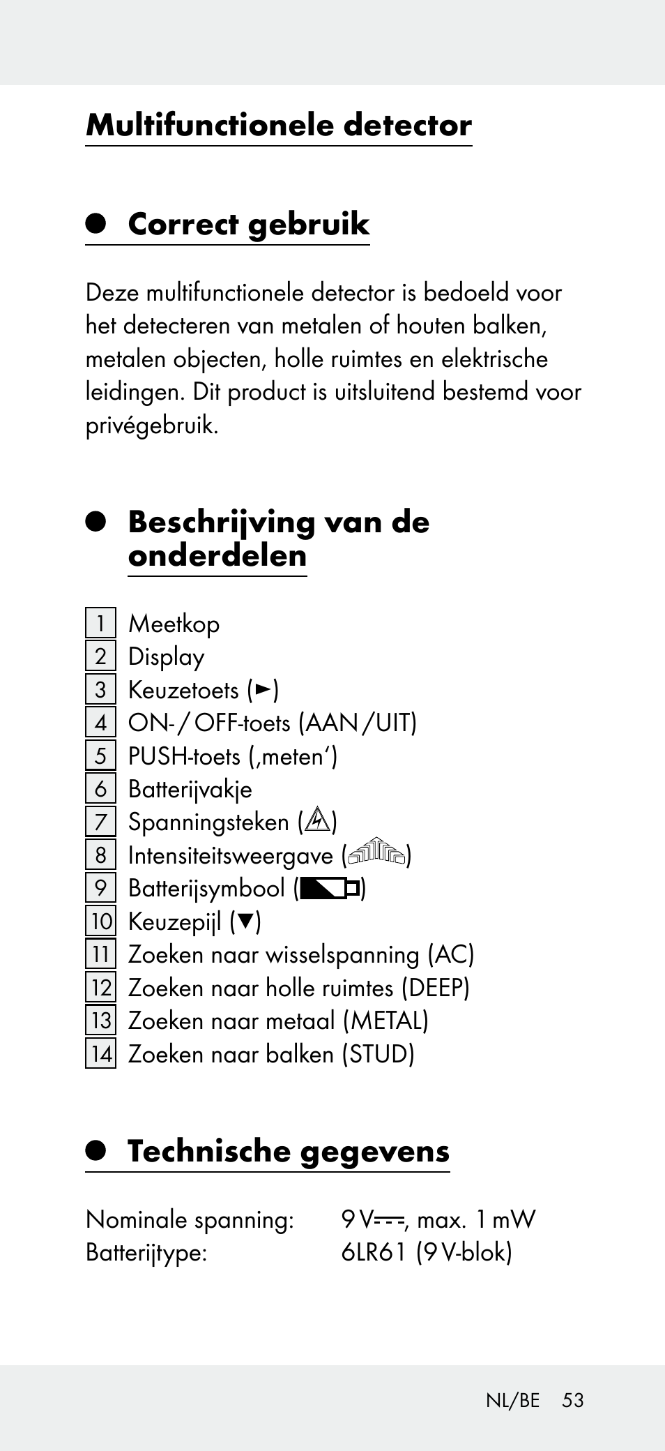 Multifunctionele detector, Correct gebruik, Beschrijving van de onderdelen | Technische gegevens | Powerfix Z31697B User Manual | Page 53 / 72