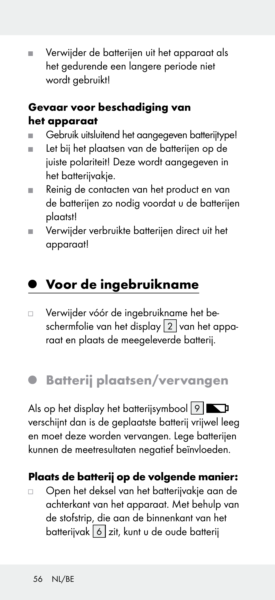 Voor de ingebruikname, Batterij plaatsen/vervangen | Powerfix Z31697B User Manual | Page 56 / 72