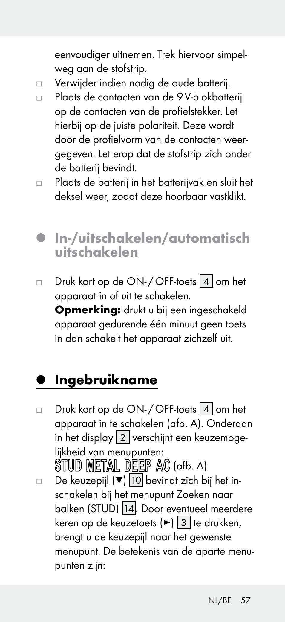 In-/uitschakelen/automatisch uitschakelen, Ingebruikname | Powerfix Z31697B User Manual | Page 57 / 72