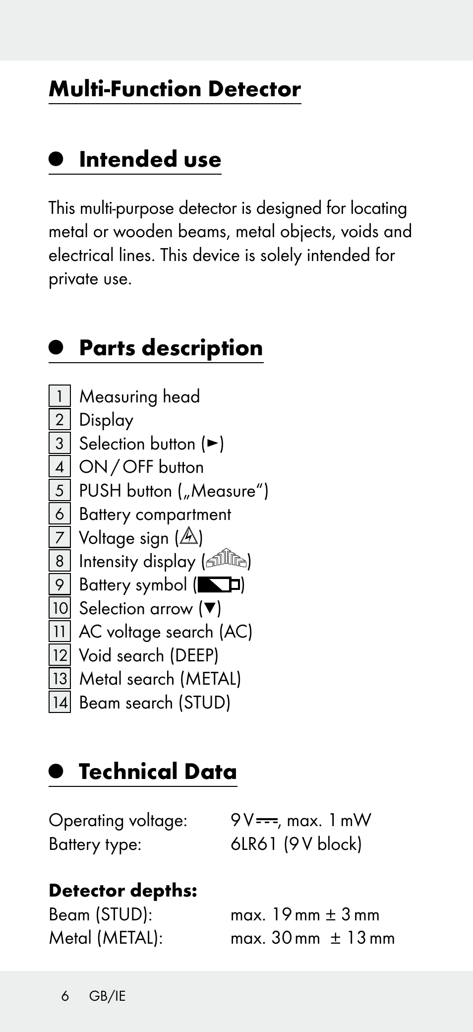 Multi-function detector, Intended use, Parts description | Technical data | Powerfix Z31697B User Manual | Page 6 / 72