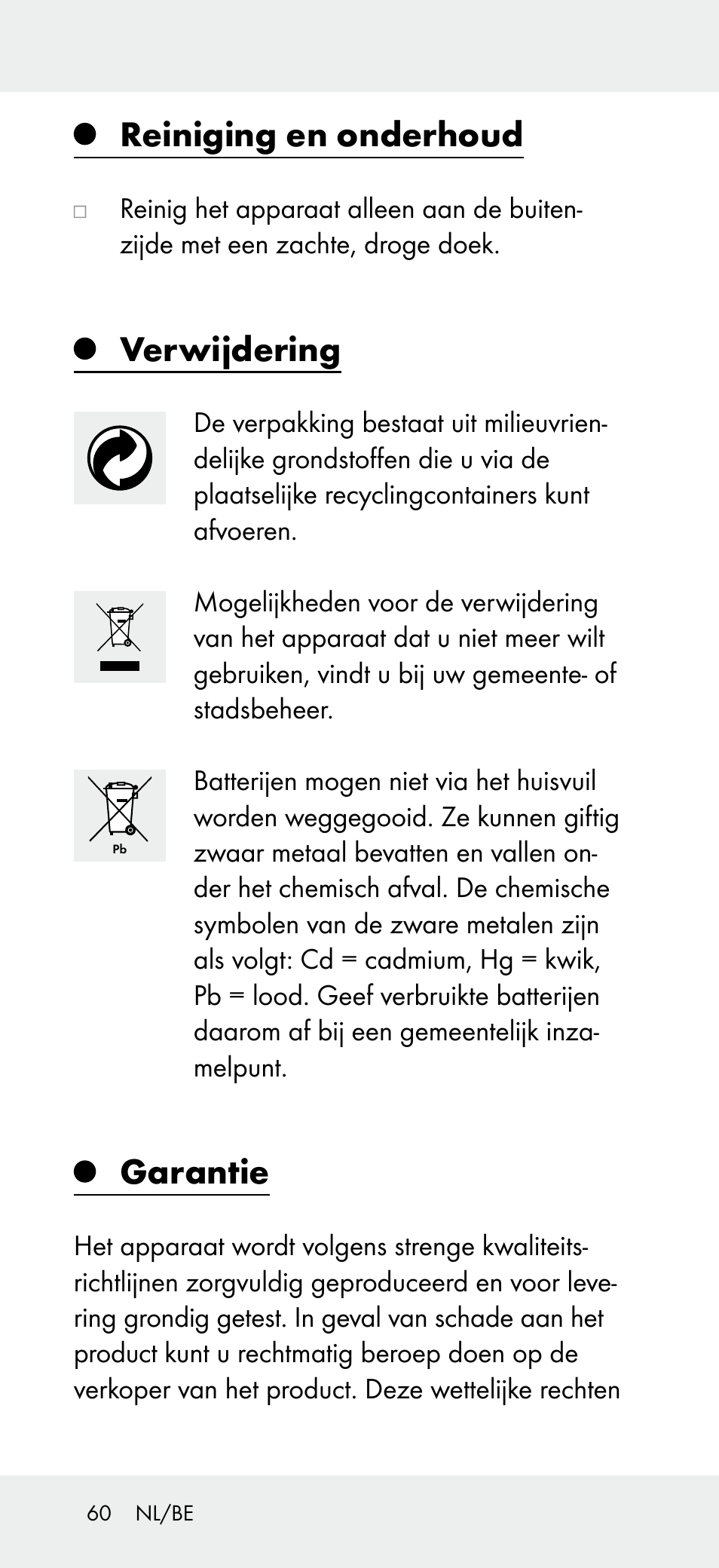 Reiniging en onderhoud, Verwijdering, Garantie | Powerfix Z31697B User Manual | Page 60 / 72