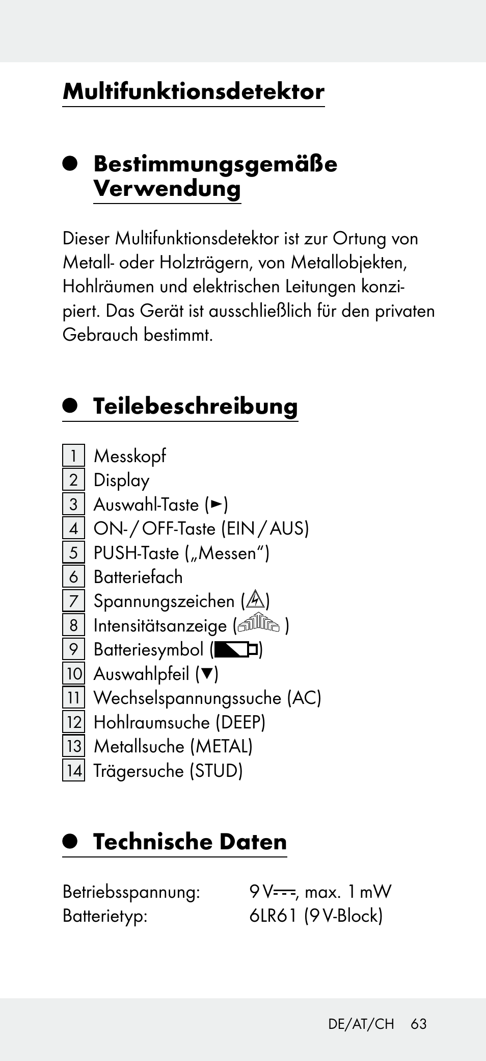 Multifunktionsdetektor, Bestimmungsgemäße verwendung, Teilebeschreibung | Technische daten | Powerfix Z31697B User Manual | Page 63 / 72