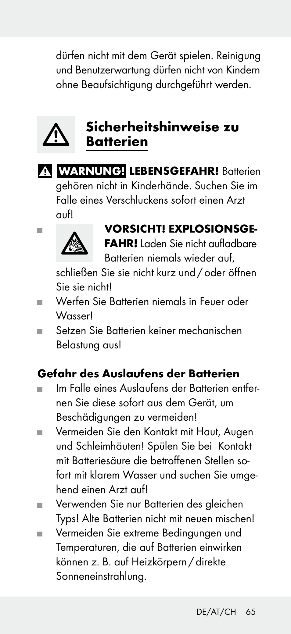 Sicherheitshinweise zu batterien | Powerfix Z31697B User Manual | Page 65 / 72