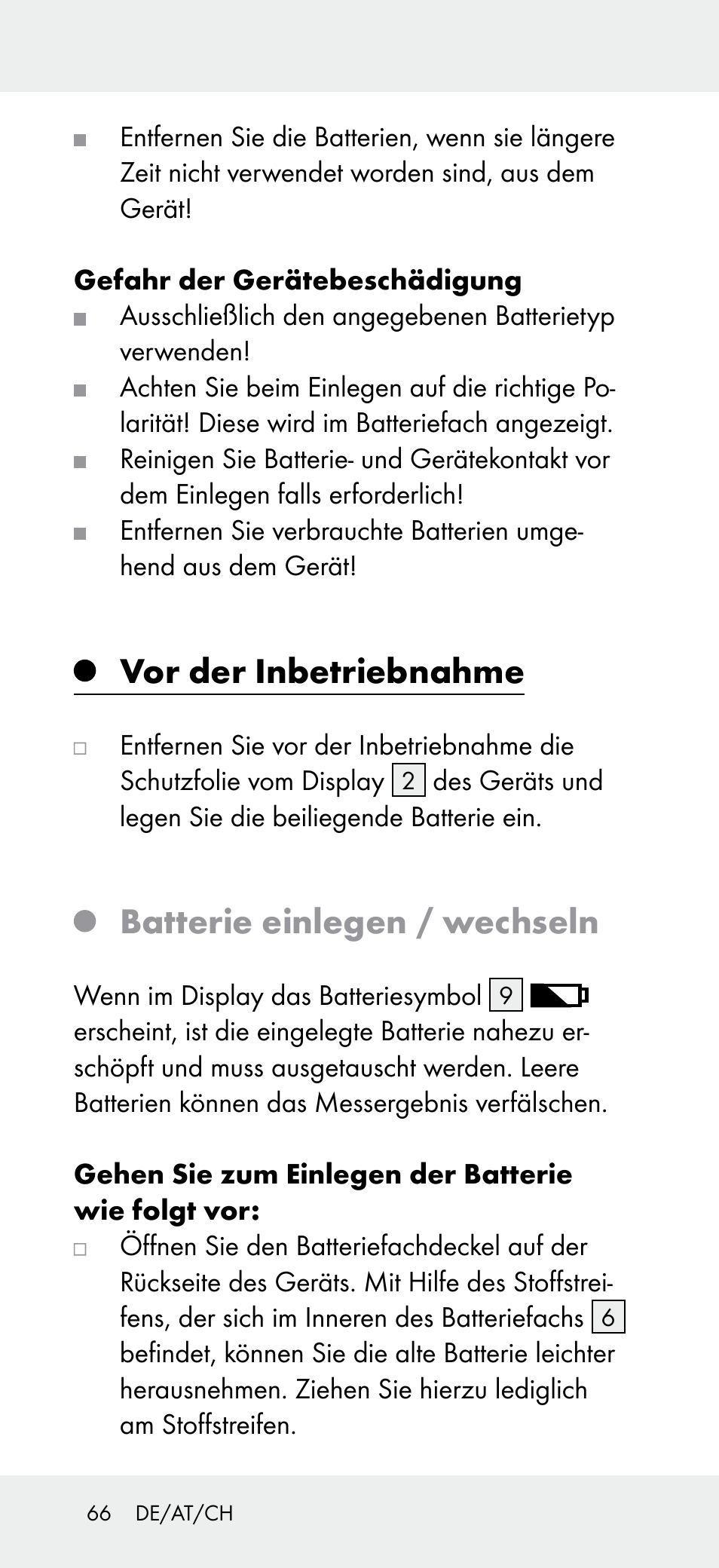 Vor der inbetriebnahme, Batterie einlegen / wechseln | Powerfix Z31697B User Manual | Page 66 / 72