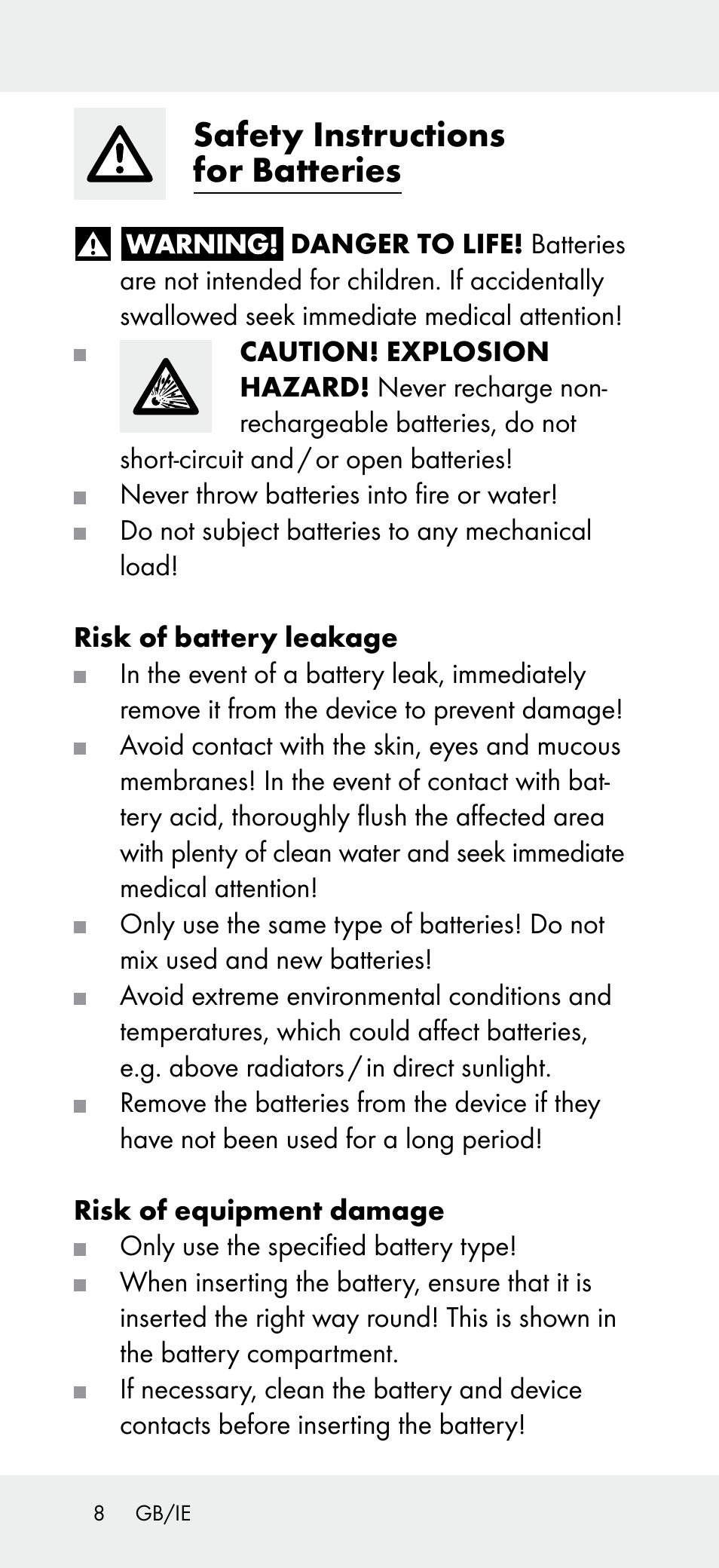 Safety instructions for batteries | Powerfix Z31697B User Manual | Page 8 / 72