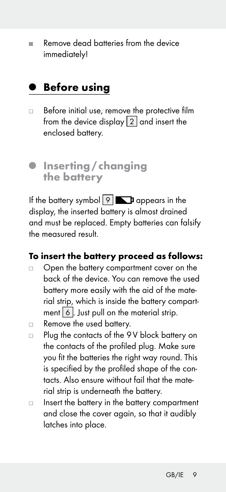 Before using, Inserting / changing the battery | Powerfix Z31697B User Manual | Page 9 / 72