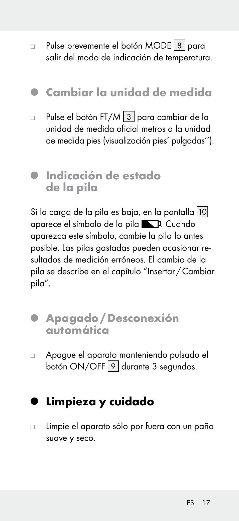 Cambiar la unidad de medida, Indicación de estado de la pila, Apagado / desconexión automática | Limpieza y cuidado | Powerfix Z31697A User Manual | Page 17 / 78