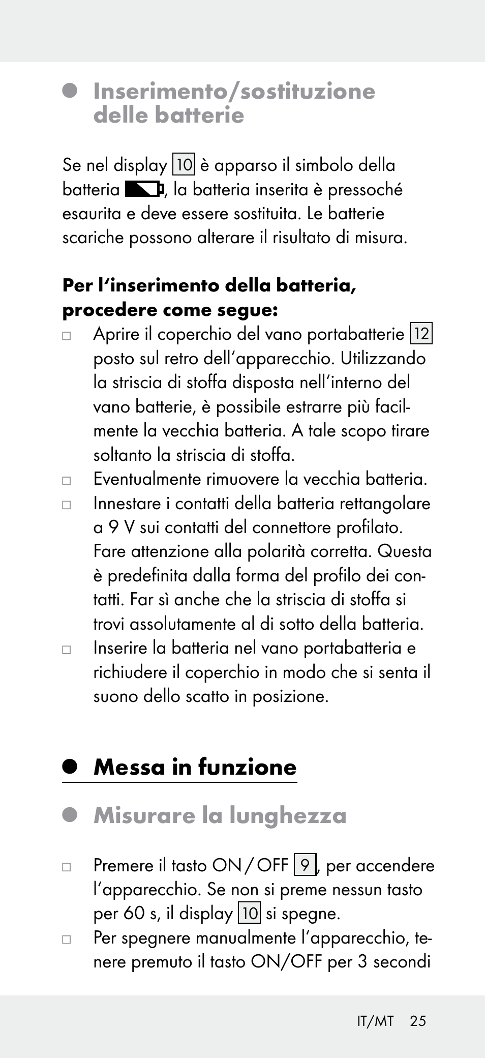 Inserimento/sostituzione delle batterie, Messa in funzione, Misurare la lunghezza | Powerfix Z31697A User Manual | Page 25 / 78