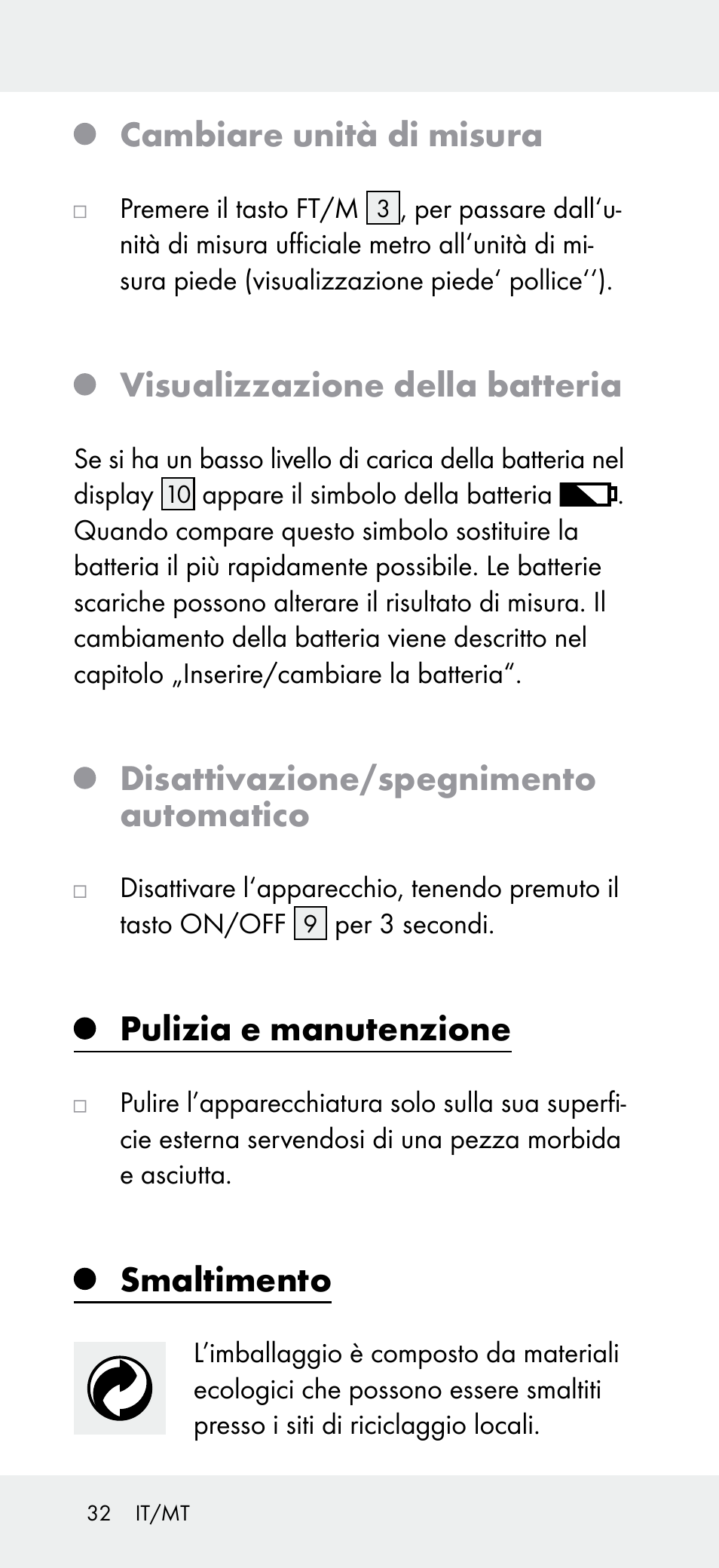 Cambiare unità di misura, Visualizzazione della batteria, Disattivazione/spegnimento automatico | Pulizia e manutenzione, Smaltimento | Powerfix Z31697A User Manual | Page 32 / 78