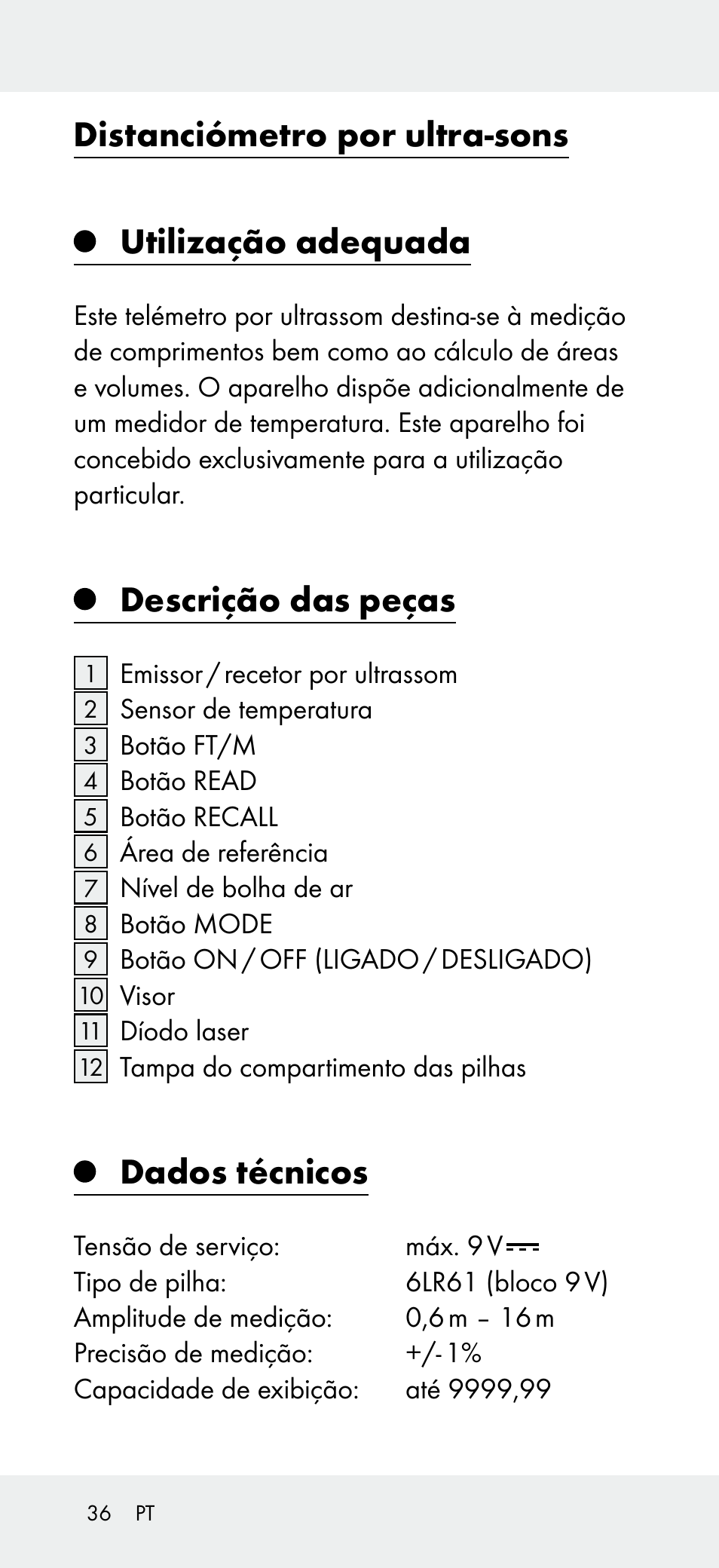 Distanciómetro por ultra-sons, Utilização adequada, Descrição das peças | Dados técnicos | Powerfix Z31697A User Manual | Page 36 / 78