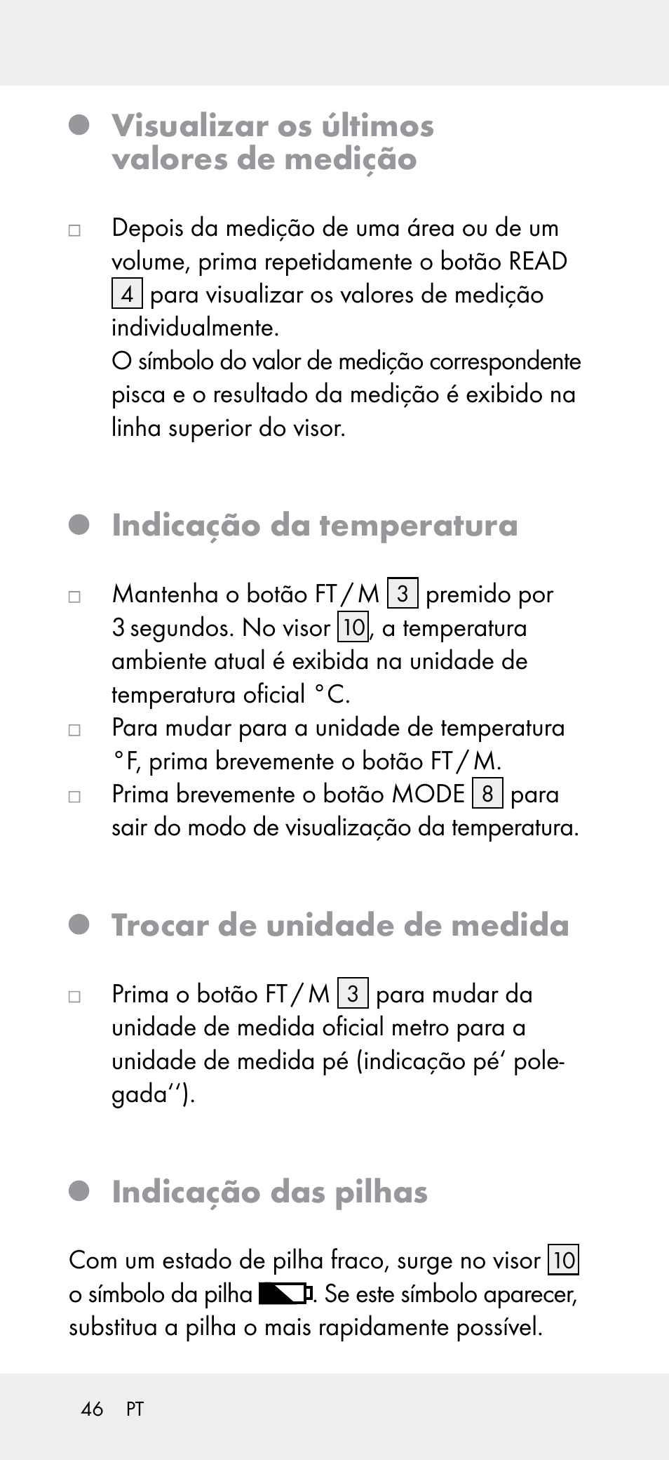 Visualizar os últimos valores de medição, Indicação da temperatura, Trocar de unidade de medida | Indicação das pilhas | Powerfix Z31697A User Manual | Page 46 / 78