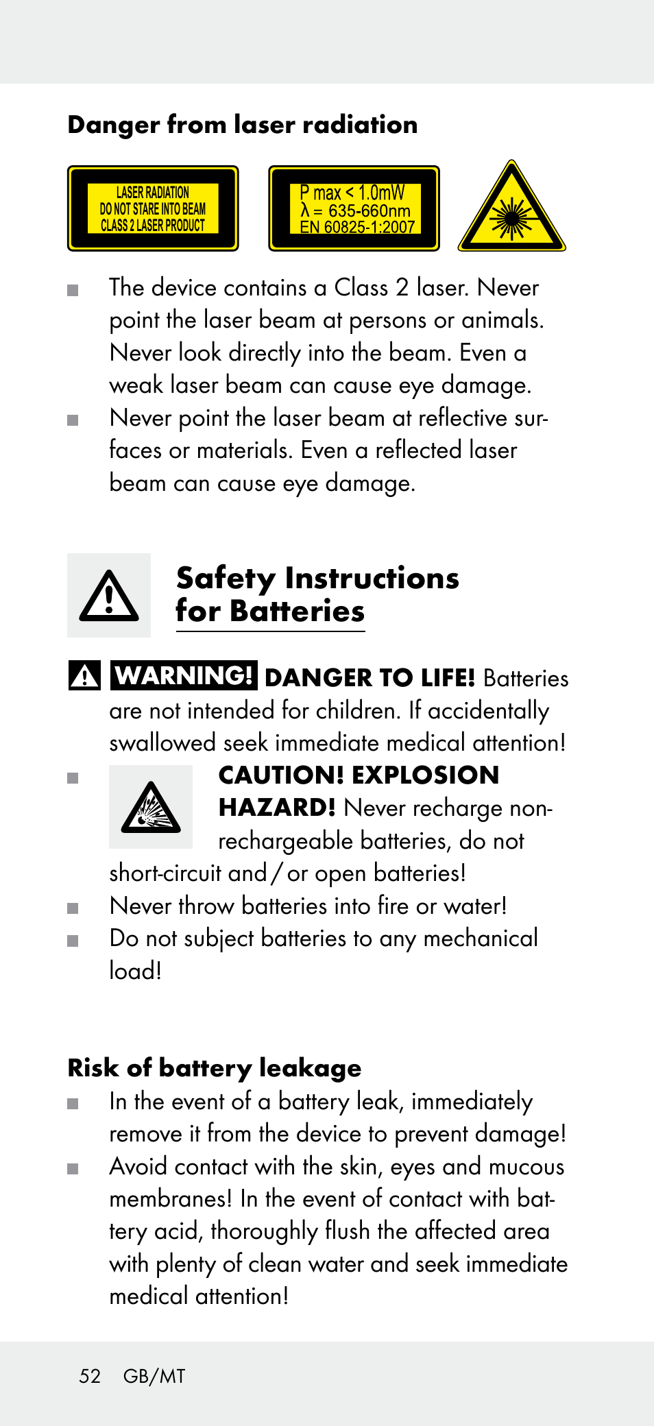 Safety instructions for batteries | Powerfix Z31697A User Manual | Page 52 / 78