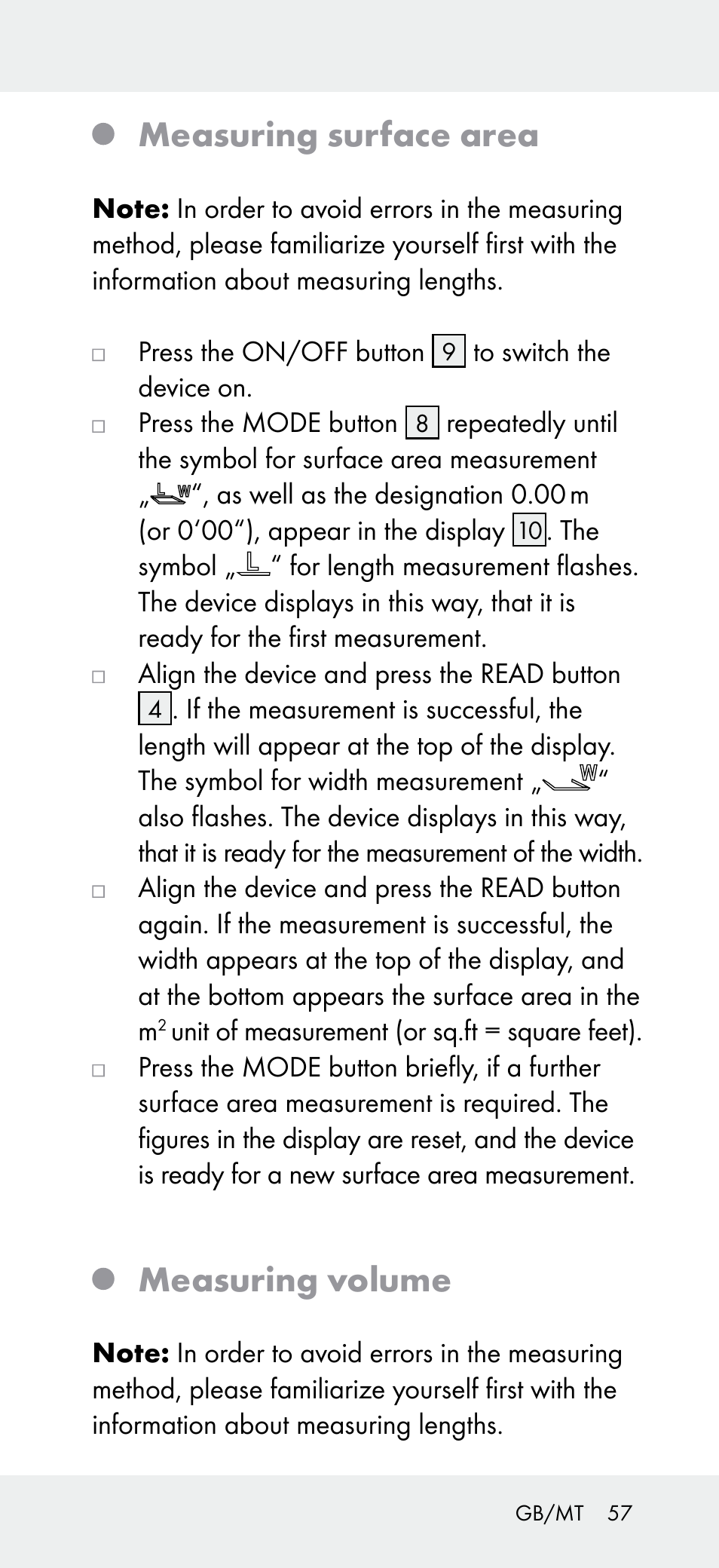 Measuring surface area, Measuring volume | Powerfix Z31697A User Manual | Page 57 / 78