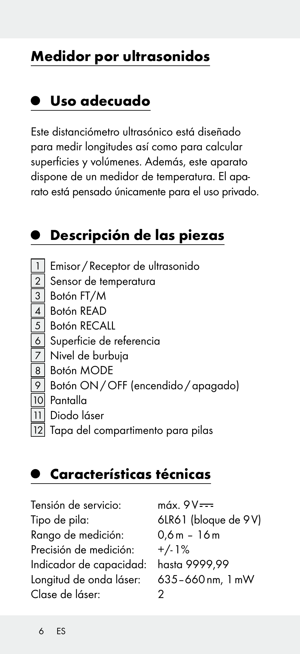 Medidor por ultrasonidos, Uso adecuado, Descripción de las piezas | Características técnicas | Powerfix Z31697A User Manual | Page 6 / 78