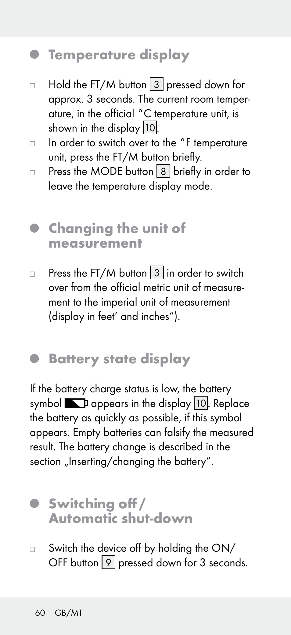 Temperature display, Changing the unit of measurement, Battery state display | Switching off / automatic shut-down | Powerfix Z31697A User Manual | Page 60 / 78