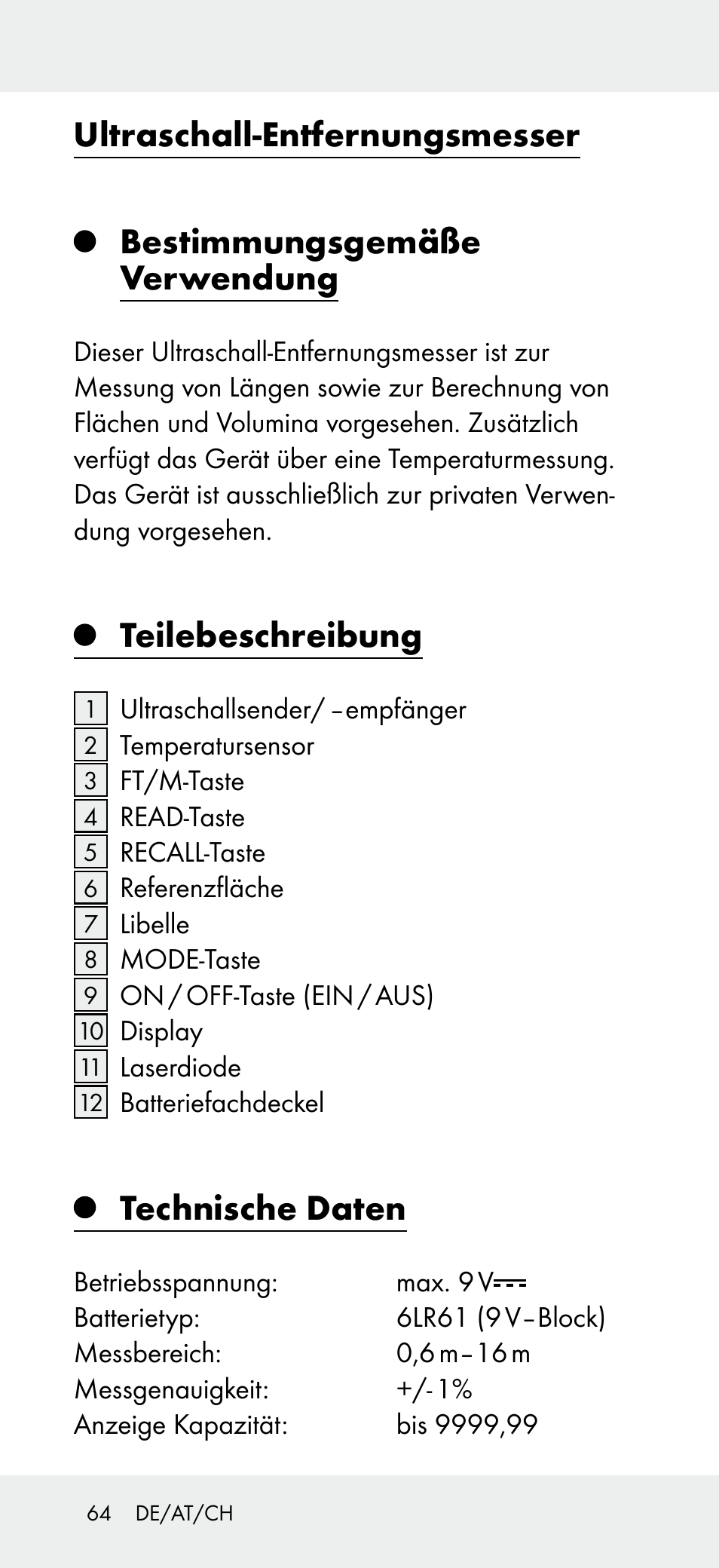 Ultraschall-entfernungsmesser, Bestimmungsgemäße verwendung, Teilebeschreibung | Technische daten | Powerfix Z31697A User Manual | Page 64 / 78