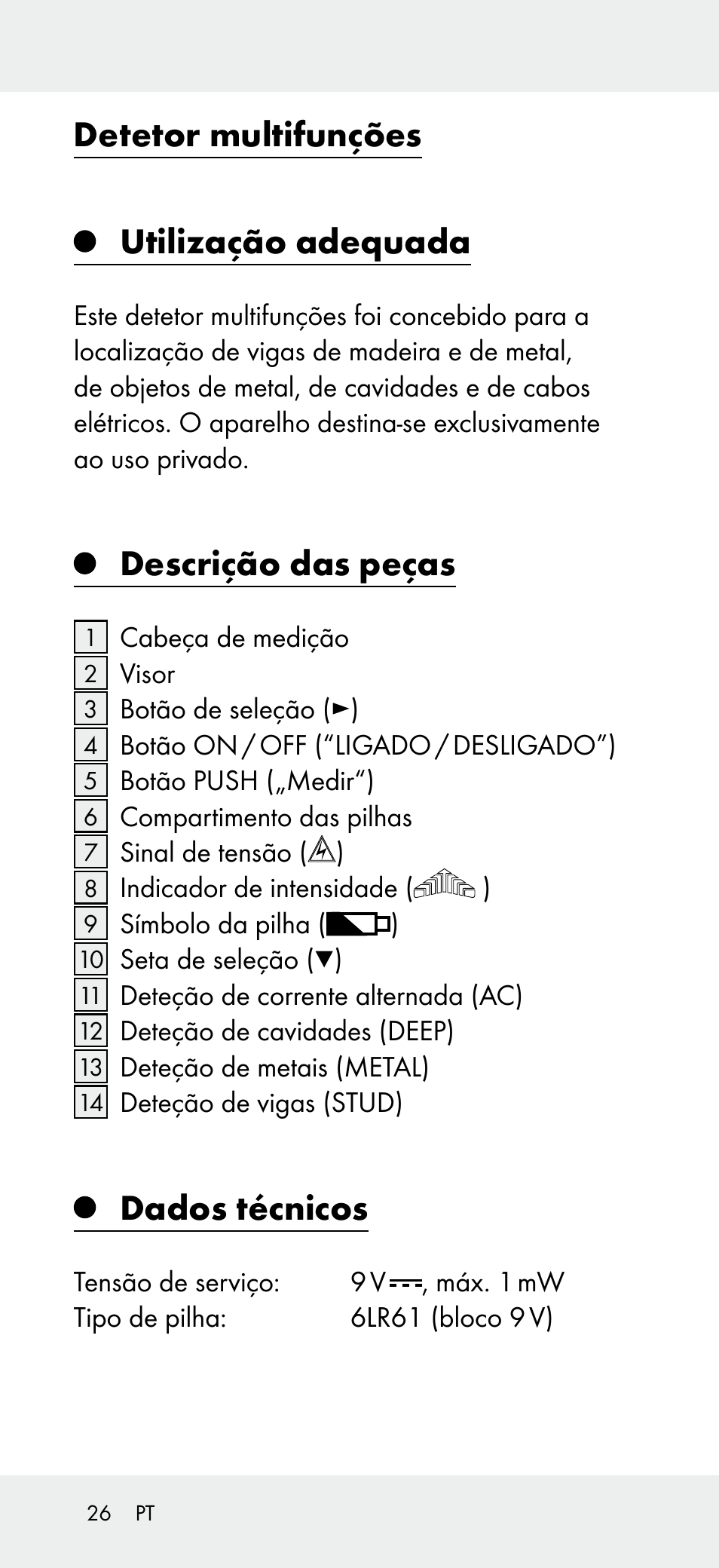 Detetor multifunções, Utilização adequada, Descrição das peças | Dados técnicos | Powerfix Z31697B User Manual | Page 26 / 55