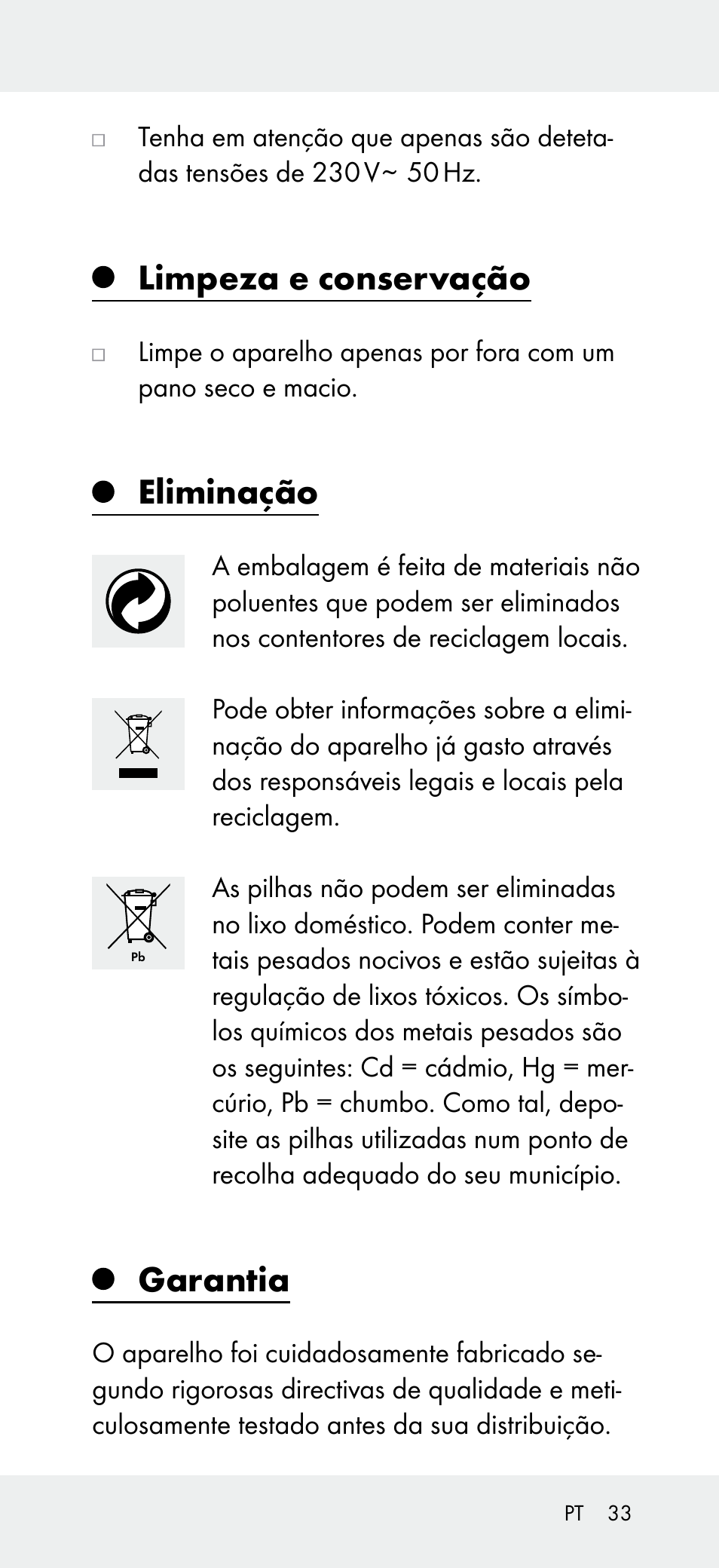 Limpeza e conservação, Eliminação, Garantia | Powerfix Z31697B User Manual | Page 33 / 55