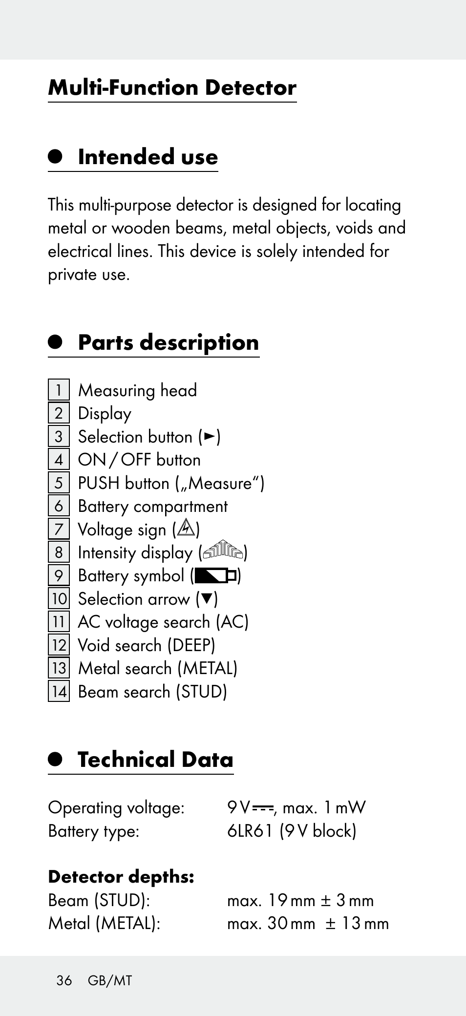 Multi-function detector, Intended use, Parts description | Technical data | Powerfix Z31697B User Manual | Page 36 / 55