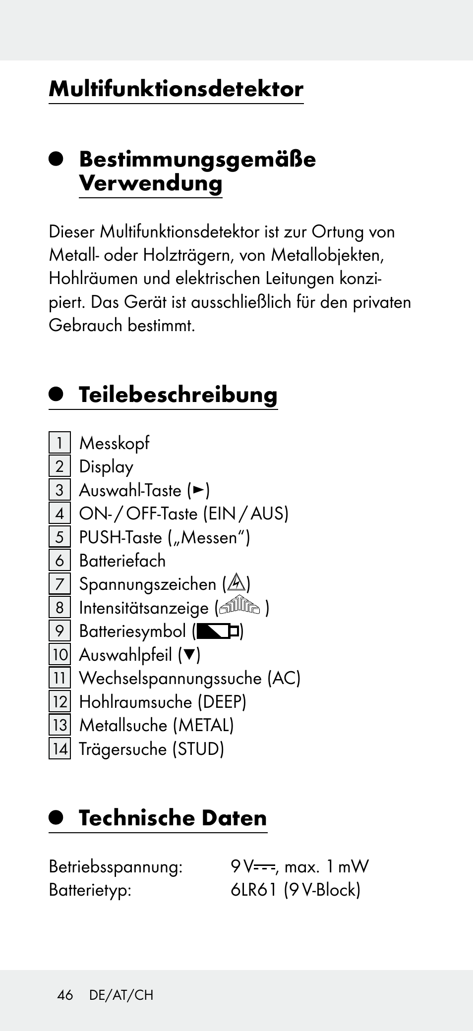 Multifunktionsdetektor, Bestimmungsgemäße verwendung, Teilebeschreibung | Technische daten | Powerfix Z31697B User Manual | Page 46 / 55