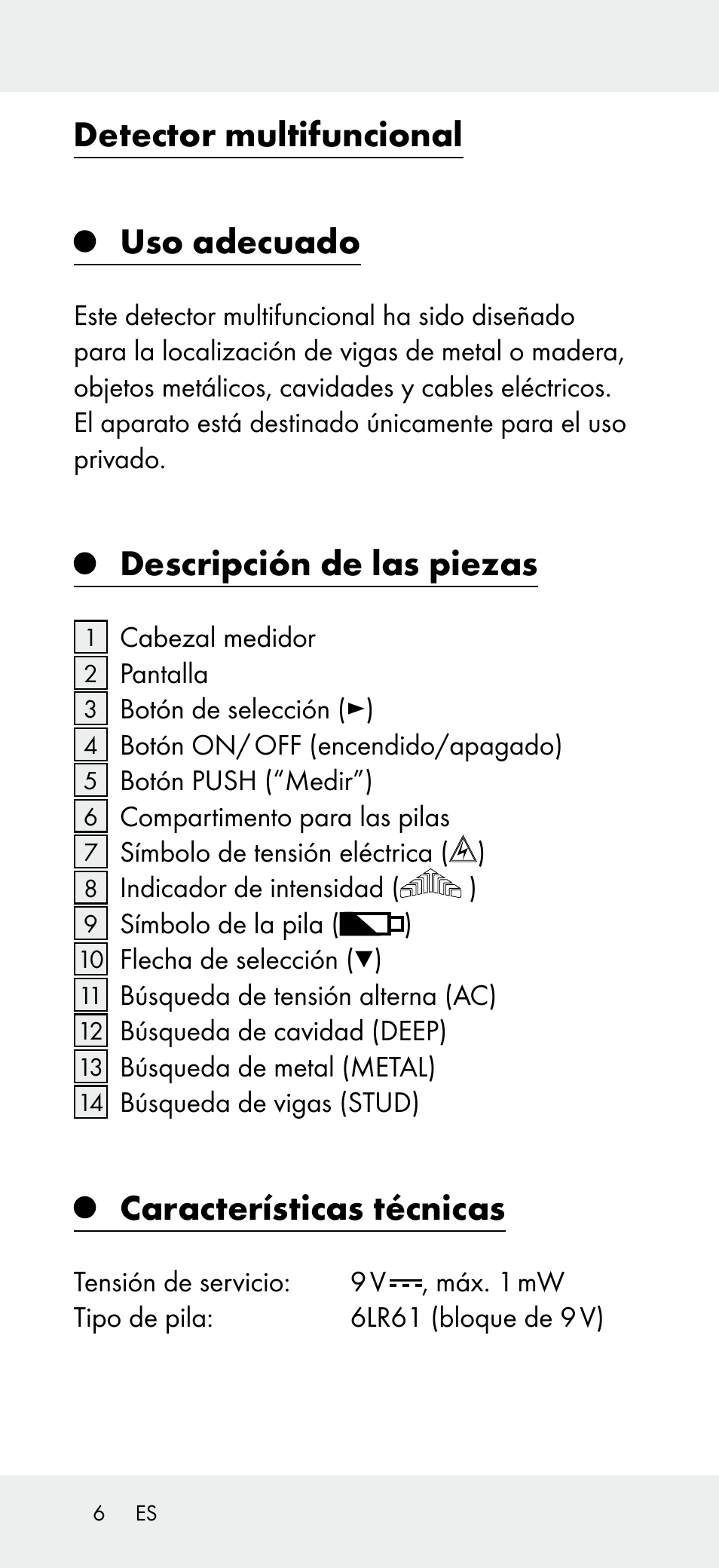 Detector multifuncional, Uso adecuado, Descripción de las piezas | Características técnicas | Powerfix Z31697B User Manual | Page 6 / 55