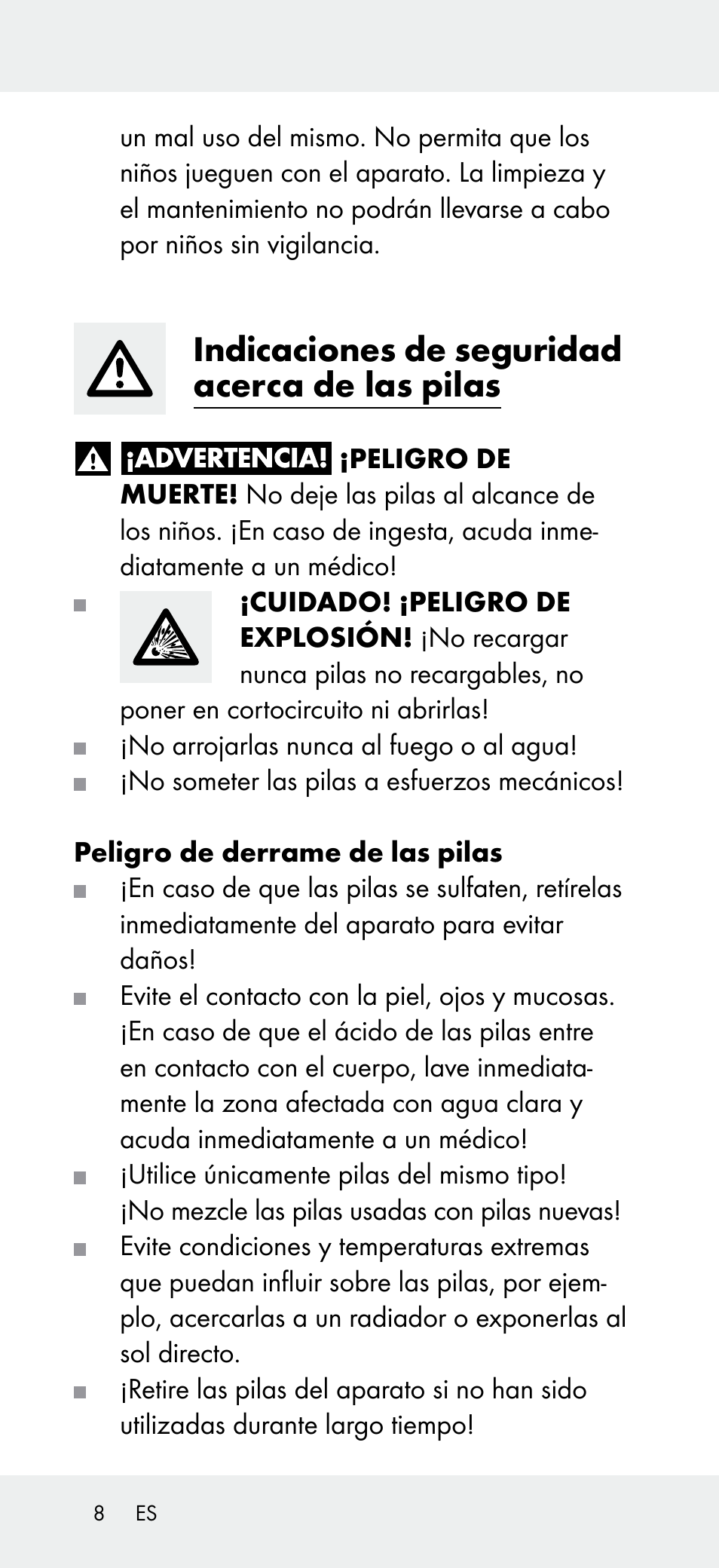 Indicaciones de seguridad acerca de las pilas | Powerfix Z31697B User Manual | Page 8 / 55