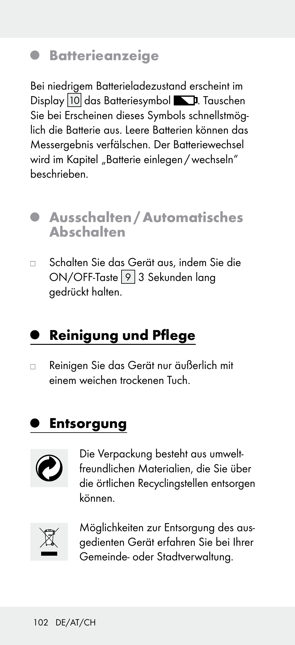 Batterieanzeige, Ausschalten / automatisches abschalten, Reinigung und pflege | Entsorgung | Powerfix Z31697A User Manual | Page 102 / 105