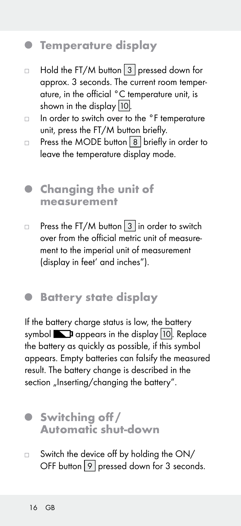 Temperature display, Changing the unit of measurement, Battery state display | Switching off / automatic shut-down | Powerfix Z31697A User Manual | Page 16 / 105