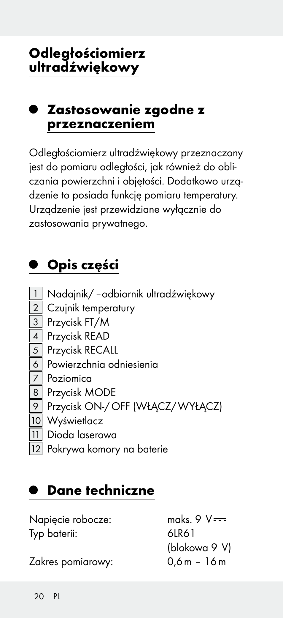 Odległościomierz ultradźwiękowy, Zastosowanie zgodne z przeznaczeniem, Opis części | Dane techniczne | Powerfix Z31697A User Manual | Page 20 / 105