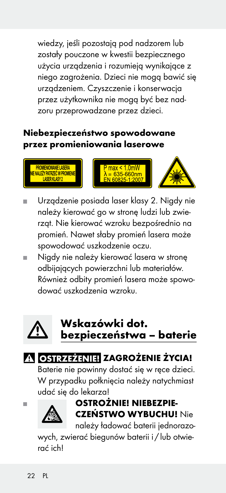 Wskazówki dot. bezpieczeństwa – baterie | Powerfix Z31697A User Manual | Page 22 / 105