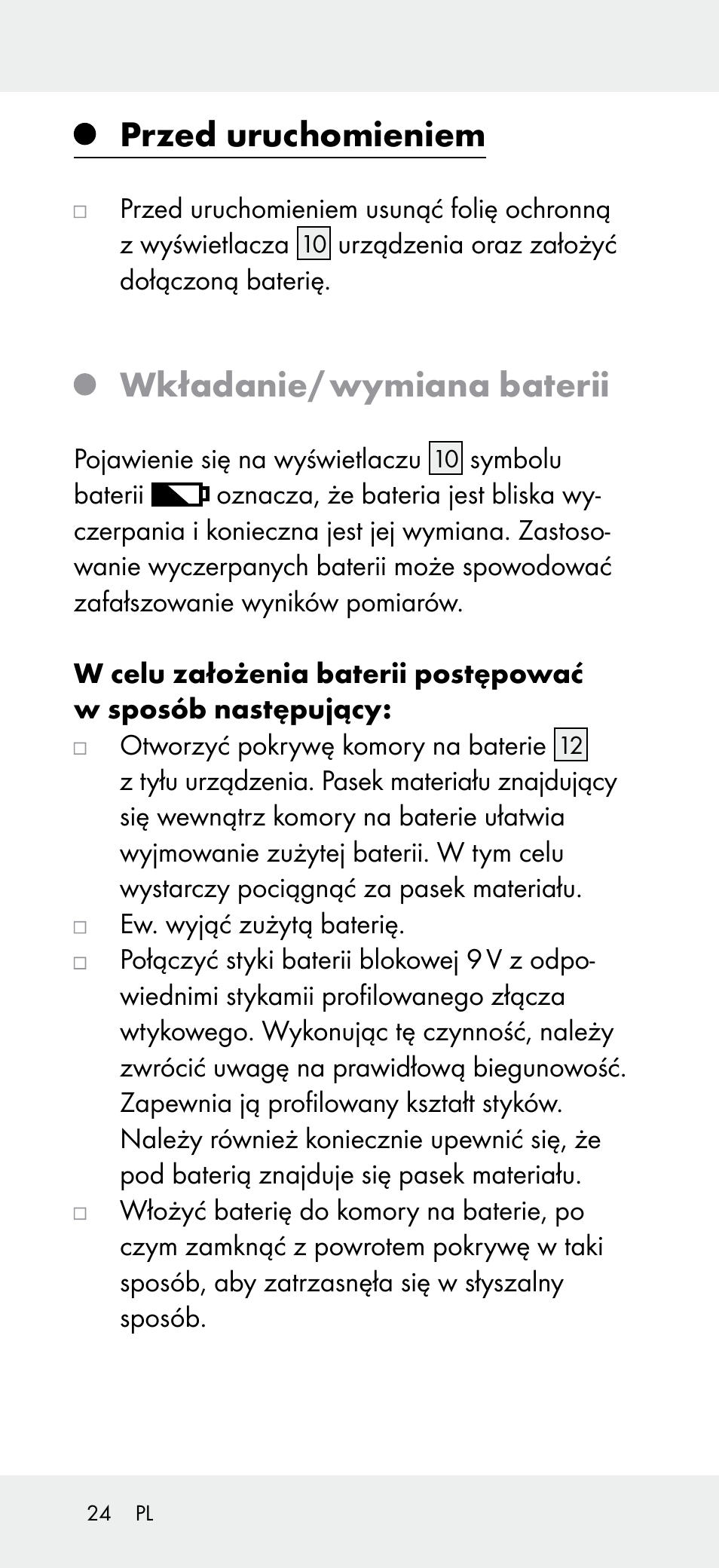 Przed uruchomieniem, Wkładanie/ wymiana baterii | Powerfix Z31697A User Manual | Page 24 / 105