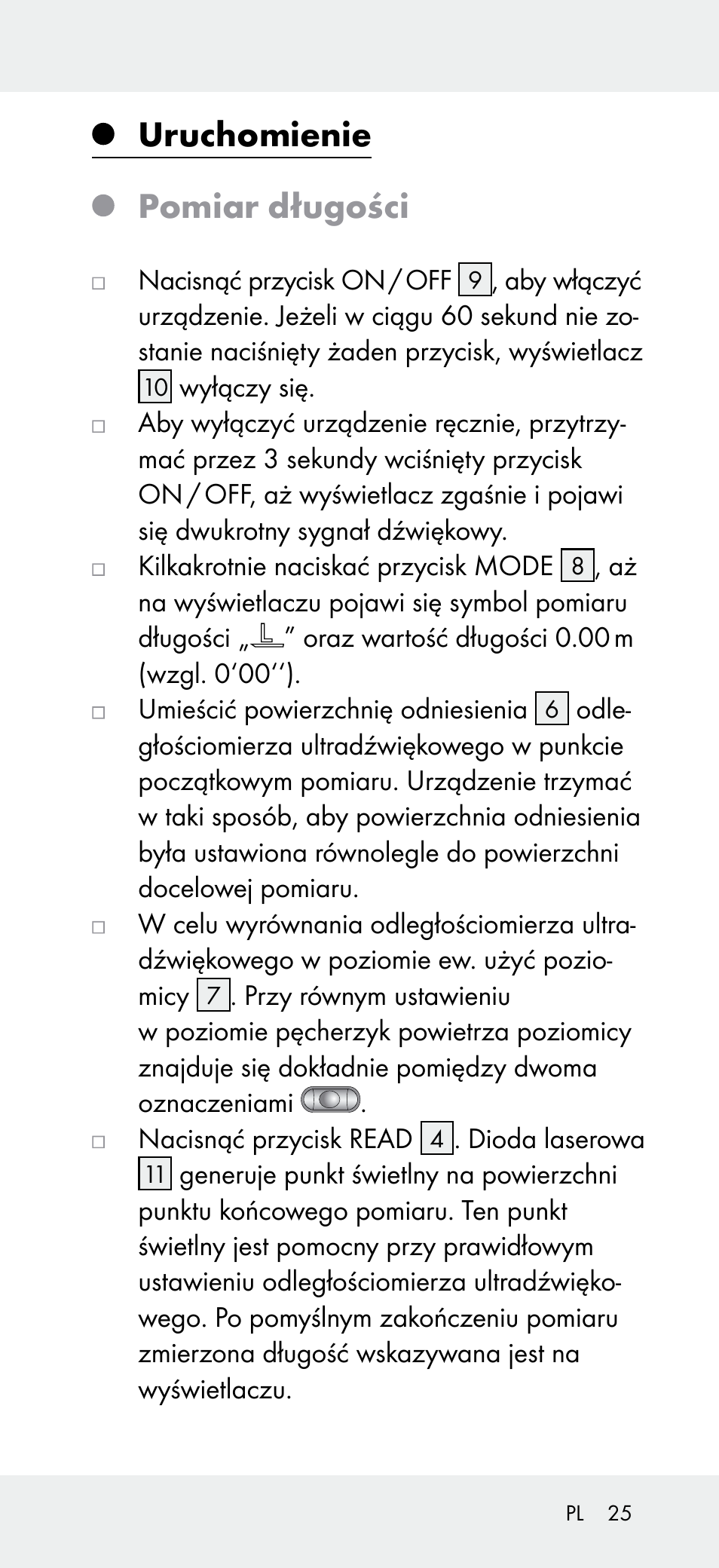 Uruchomienie, Pomiar długości | Powerfix Z31697A User Manual | Page 25 / 105