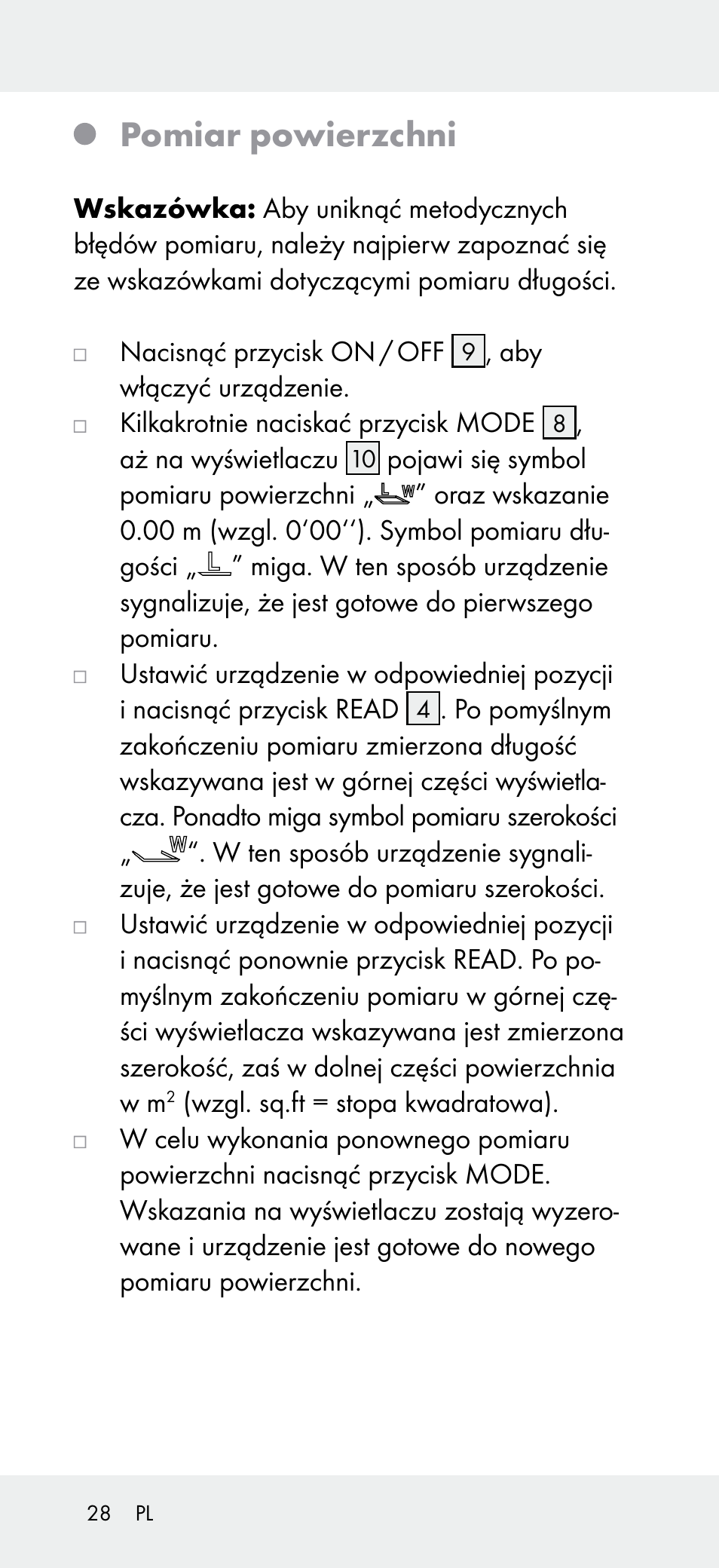 Pomiar powierzchni | Powerfix Z31697A User Manual | Page 28 / 105