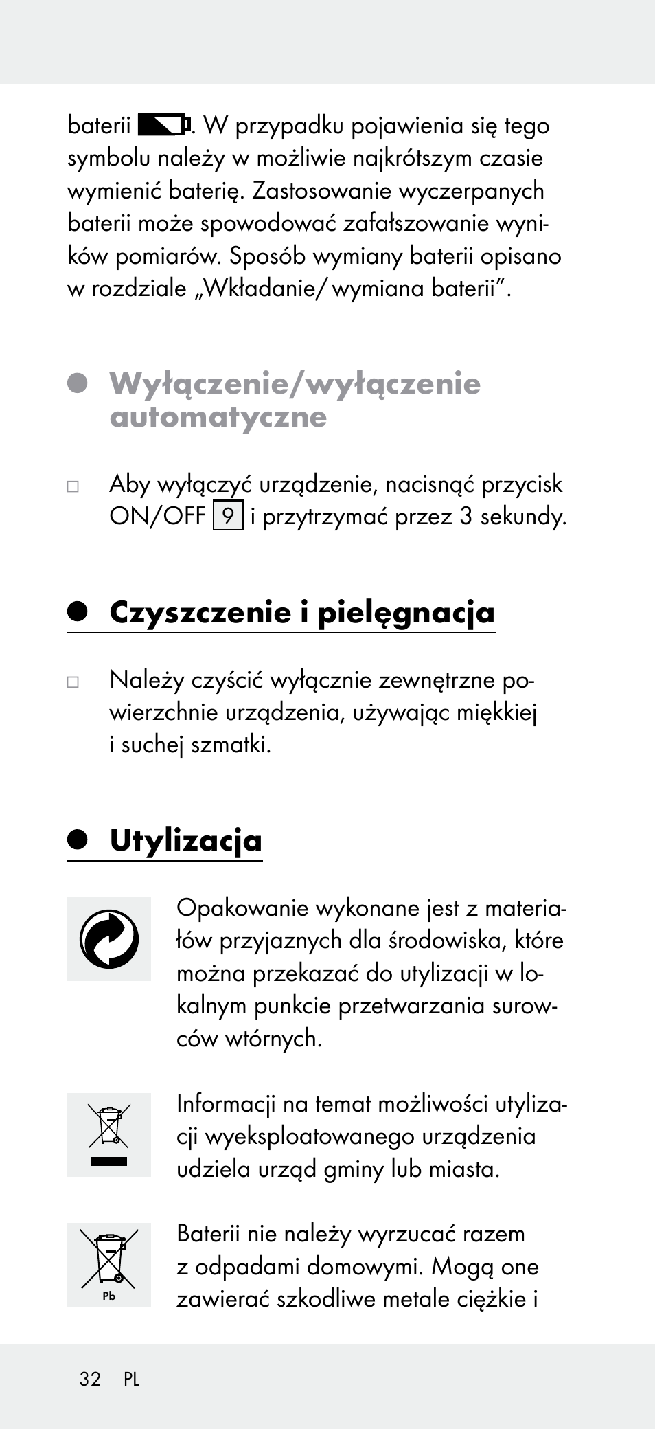 Wyłączenie/wyłączenie automatyczne, Czyszczenie i pielęgnacja, Utylizacja | Powerfix Z31697A User Manual | Page 32 / 105