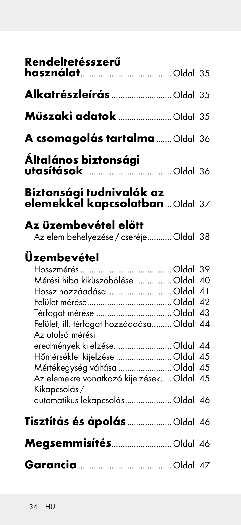 Rendeltetésszerű használat, Alkatrészleírás, Műszaki adatok | A csomagolás tartalma, Általános biztonsági utasítások, Biztonsági tudnivalók az elemekkel kapcsolatban, Az üzembevétel előtt, Üzembevétel, Tisztítás és ápolás, Megsemmisítés | Powerfix Z31697A User Manual | Page 34 / 105