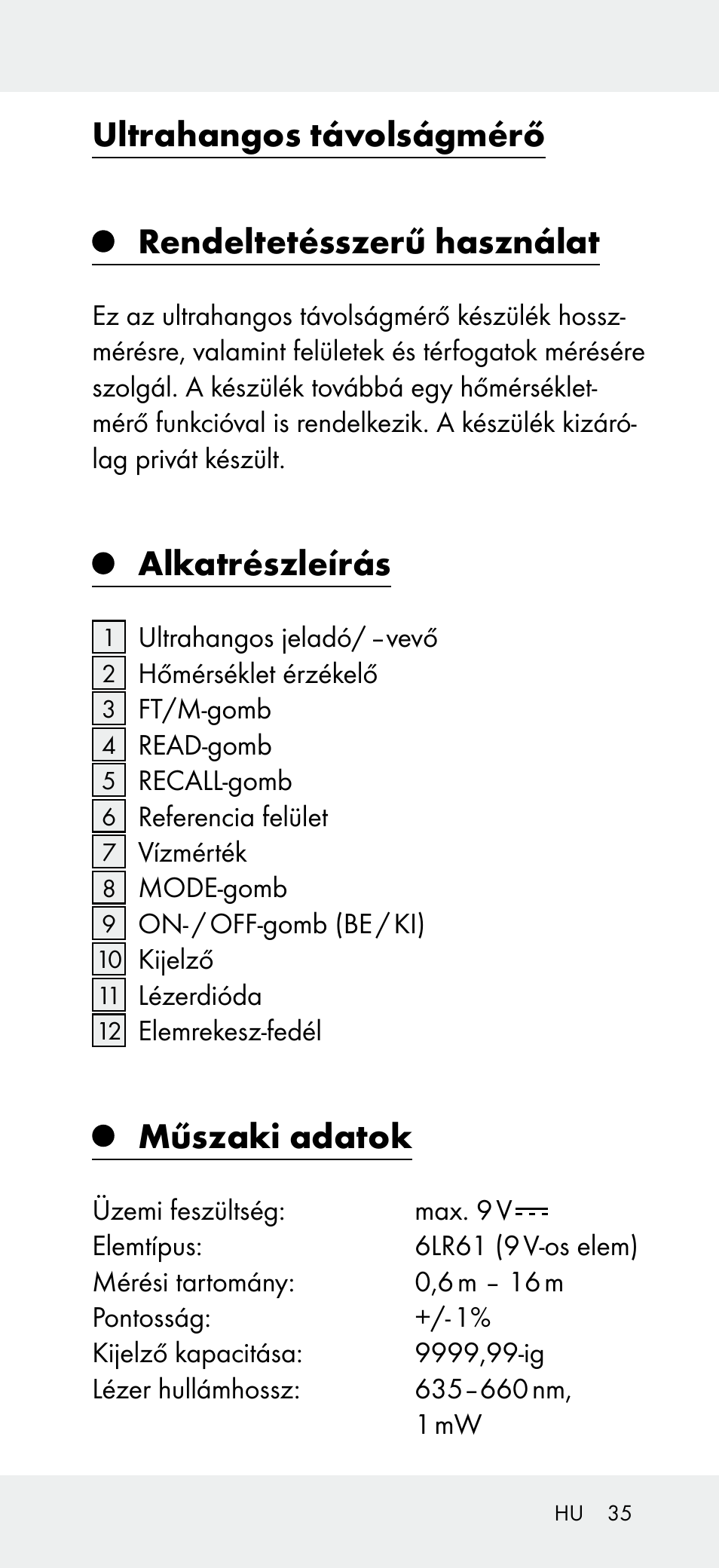 Ultrahangos távolságmérő, Rendeltetésszerű használat, Alkatrészleírás | Műszaki adatok | Powerfix Z31697A User Manual | Page 35 / 105