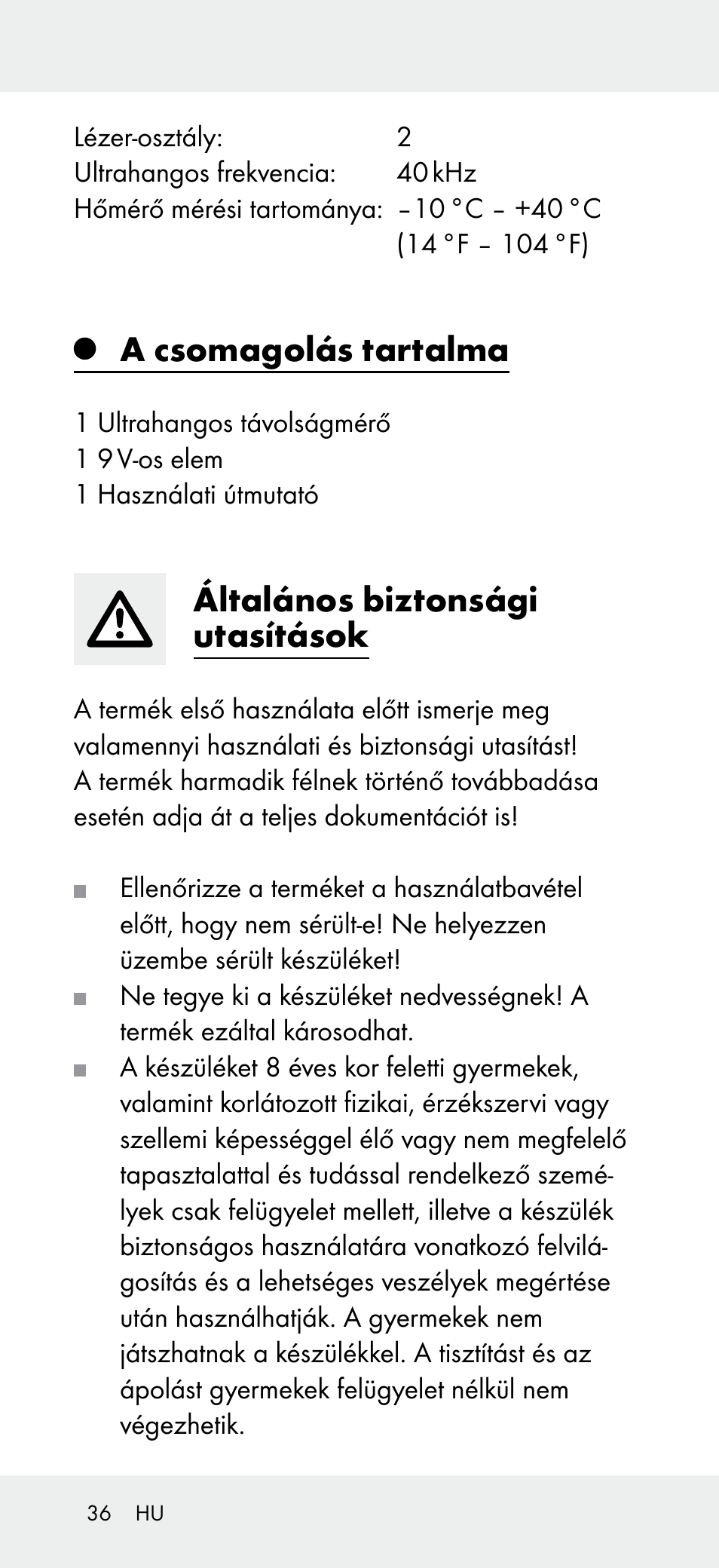 A csomagolás tartalma, Általános biztonsági utasítások | Powerfix Z31697A User Manual | Page 36 / 105