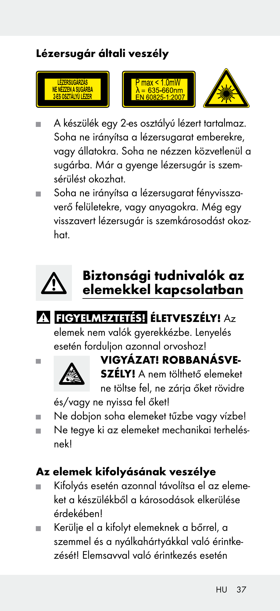 Biztonsági tudnivalók az elemekkel kapcsolatban | Powerfix Z31697A User Manual | Page 37 / 105