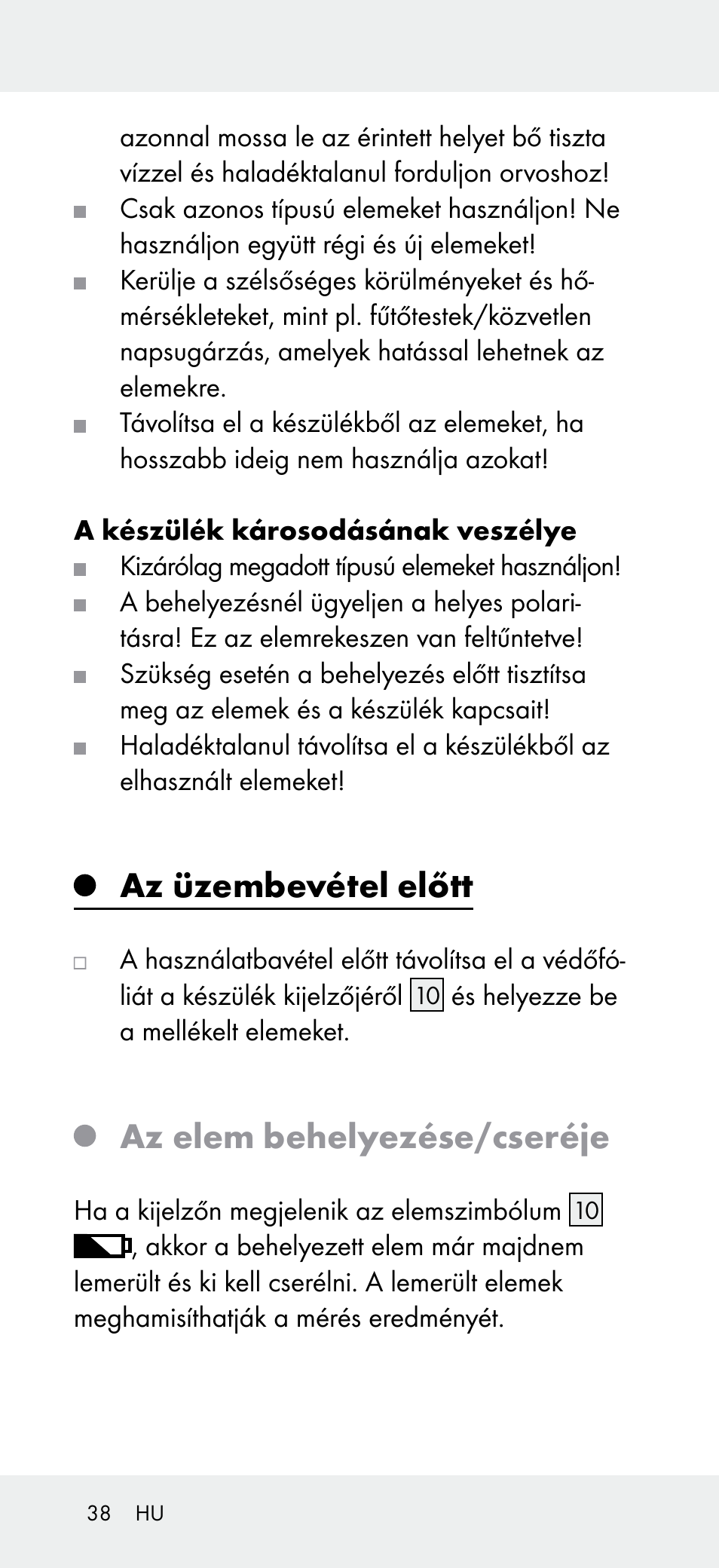 Az üzembevétel előtt, Az elem behelyezése/cseréje | Powerfix Z31697A User Manual | Page 38 / 105