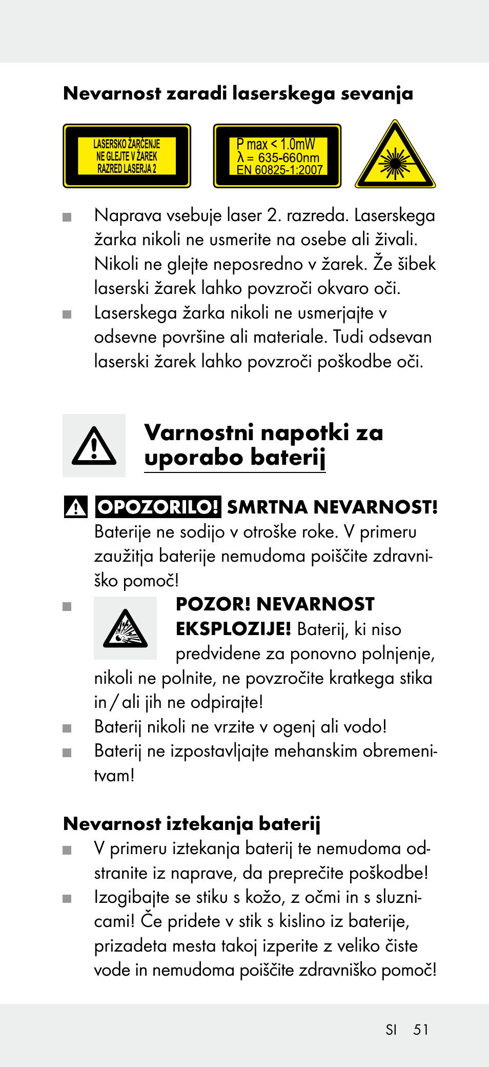 Varnostni napotki za uporabo baterij | Powerfix Z31697A User Manual | Page 51 / 105