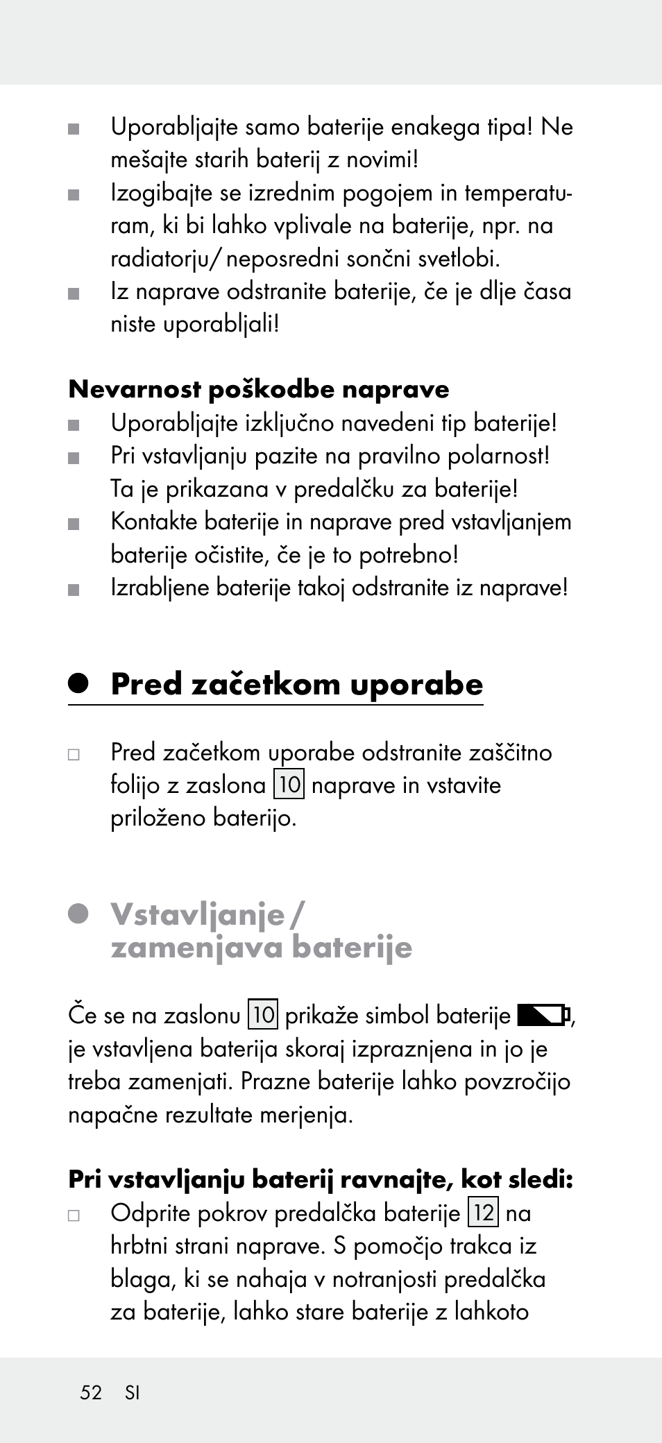 Pred začetkom uporabe, Vstavljanje / zamenjava baterije | Powerfix Z31697A User Manual | Page 52 / 105