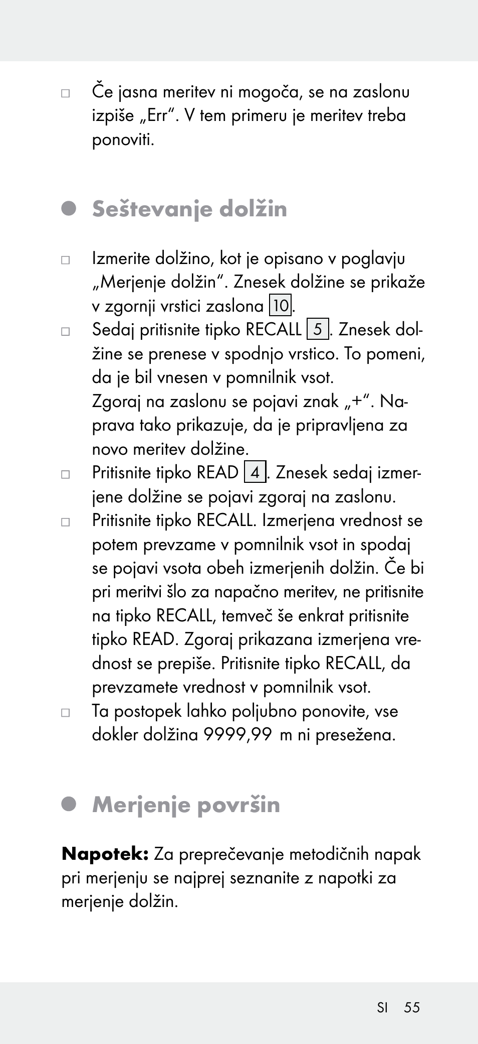 Seštevanje dolžin, Merjenje površin | Powerfix Z31697A User Manual | Page 55 / 105