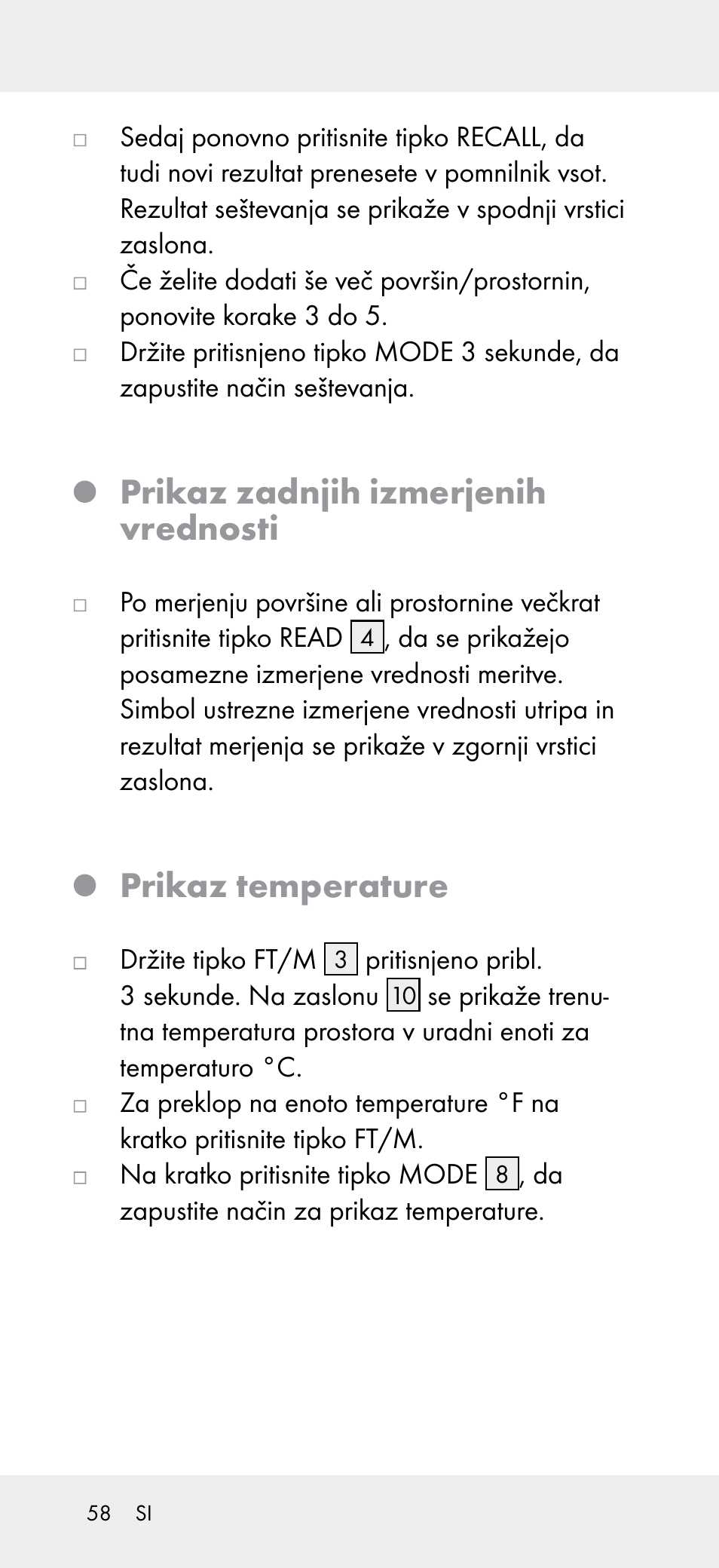 Prikaz zadnjih izmerjenih vrednosti, Prikaz temperature | Powerfix Z31697A User Manual | Page 58 / 105