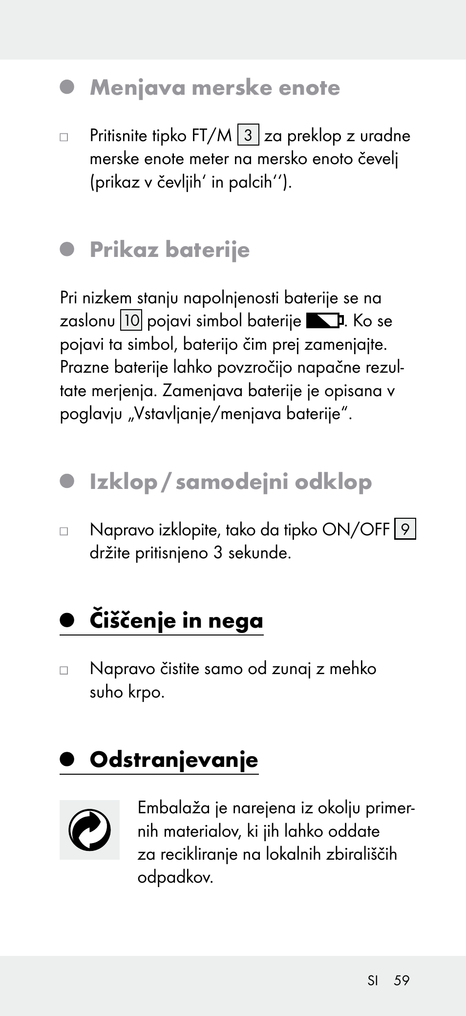 Prikaz baterije, Izklop / samodejni odklop, Čiščenje in nega | Odstranjevanje | Powerfix Z31697A User Manual | Page 59 / 105