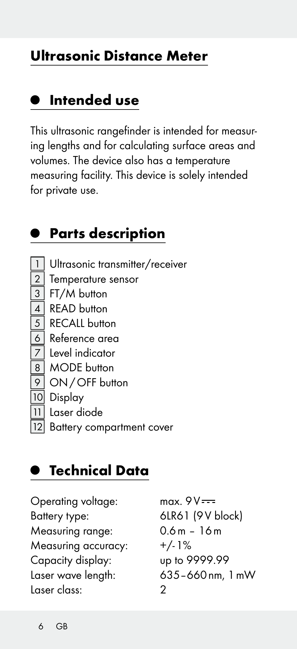 Ultrasonic distance meter, Intended use, Parts description | Technical data | Powerfix Z31697A User Manual | Page 6 / 105