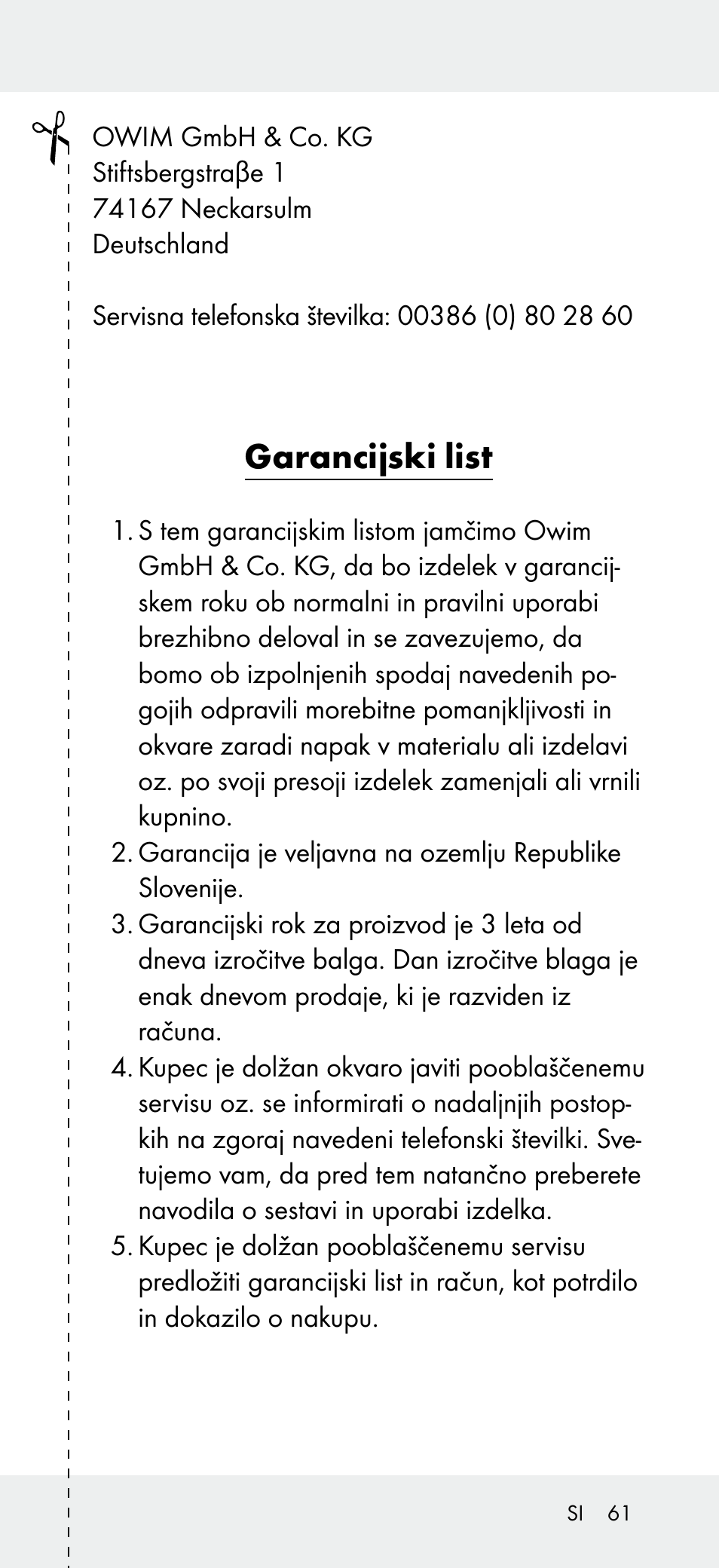 Garancijski list | Powerfix Z31697A User Manual | Page 61 / 105